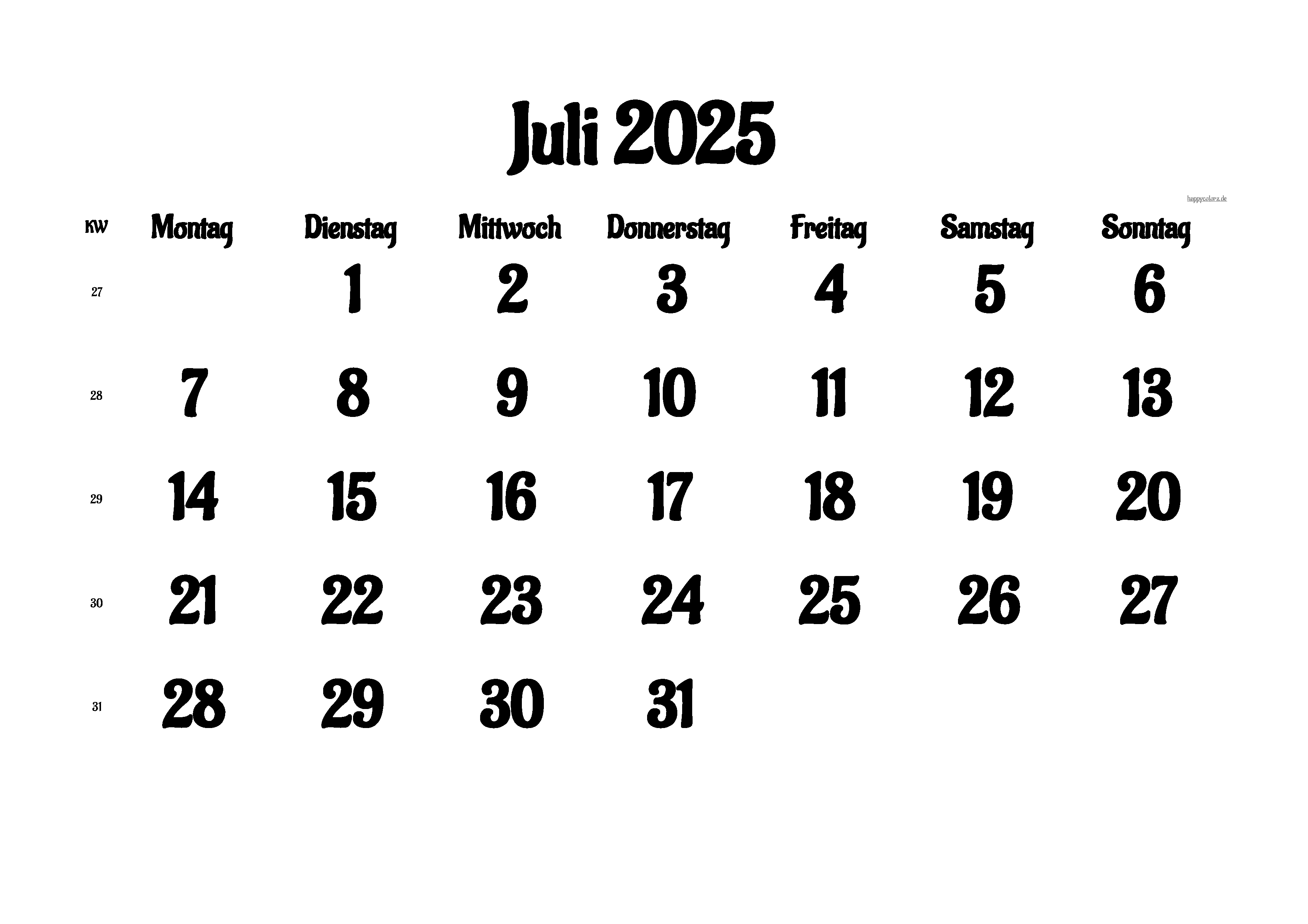 Kalender Juli 2025 mit Feiertagen