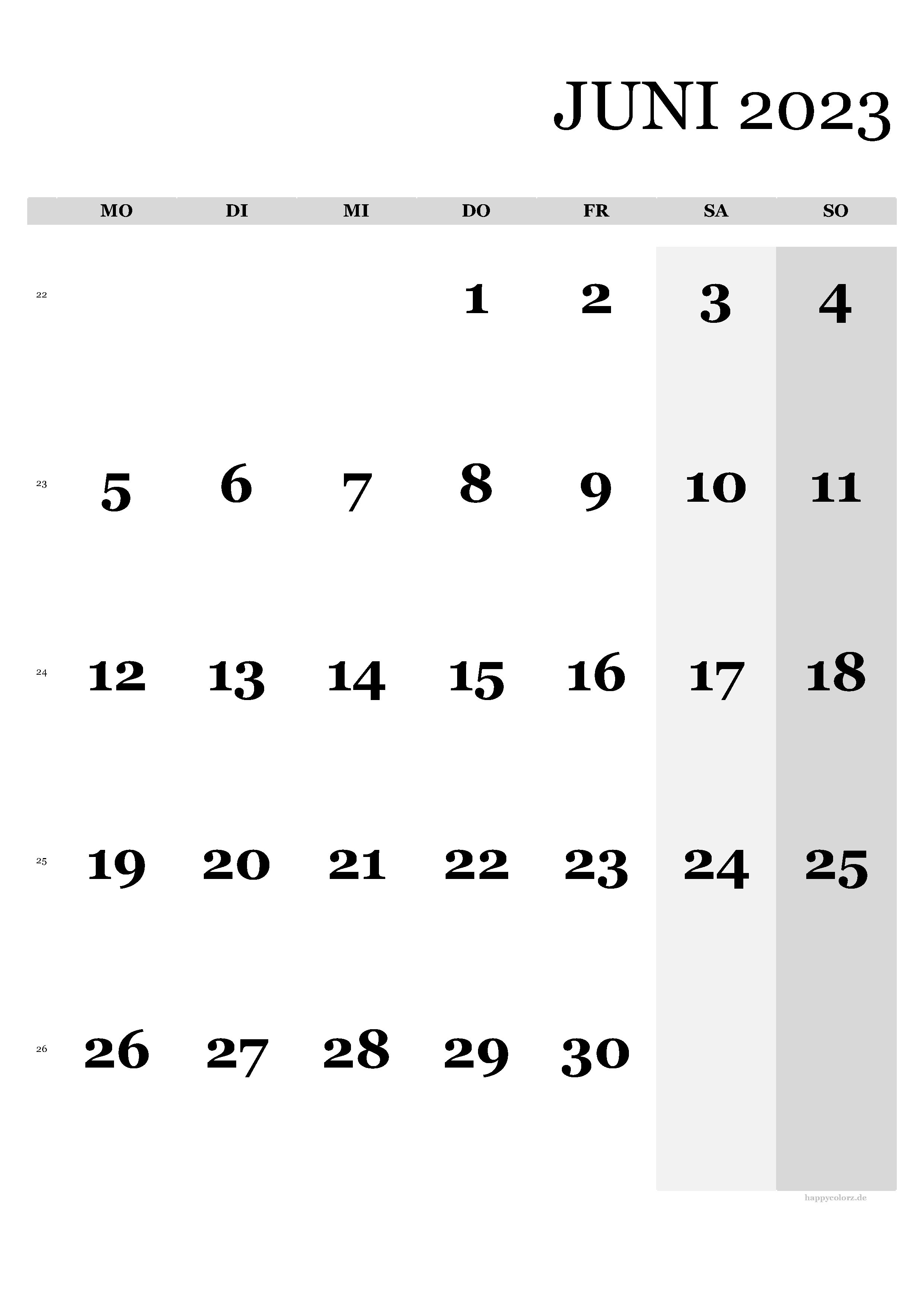 Kalender Juni 2023 - Hochformat, kostenlos zum Ausdrucken