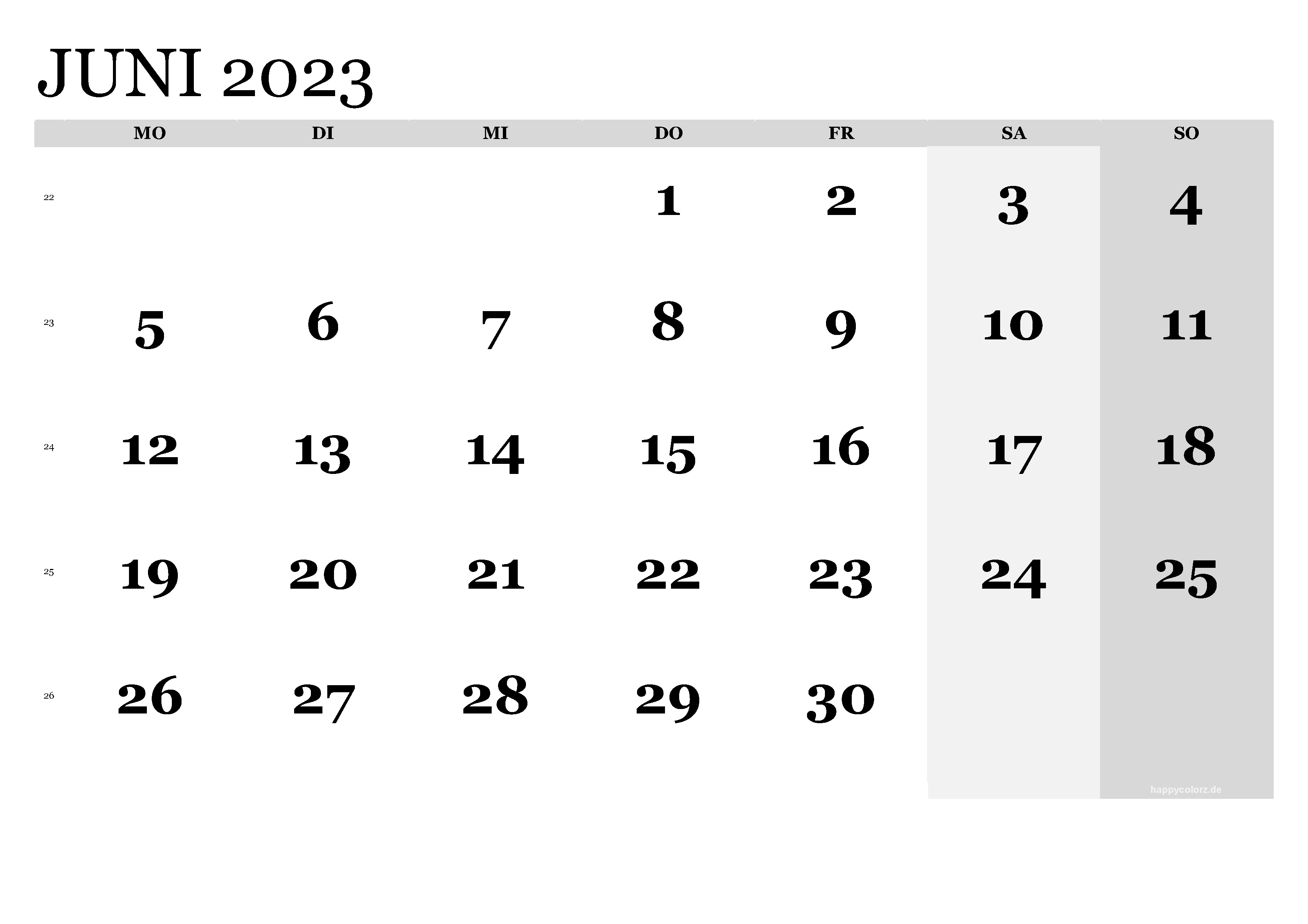 Kalender Juni 2023 klassisch, Querformat PDF zum Ausdrucken