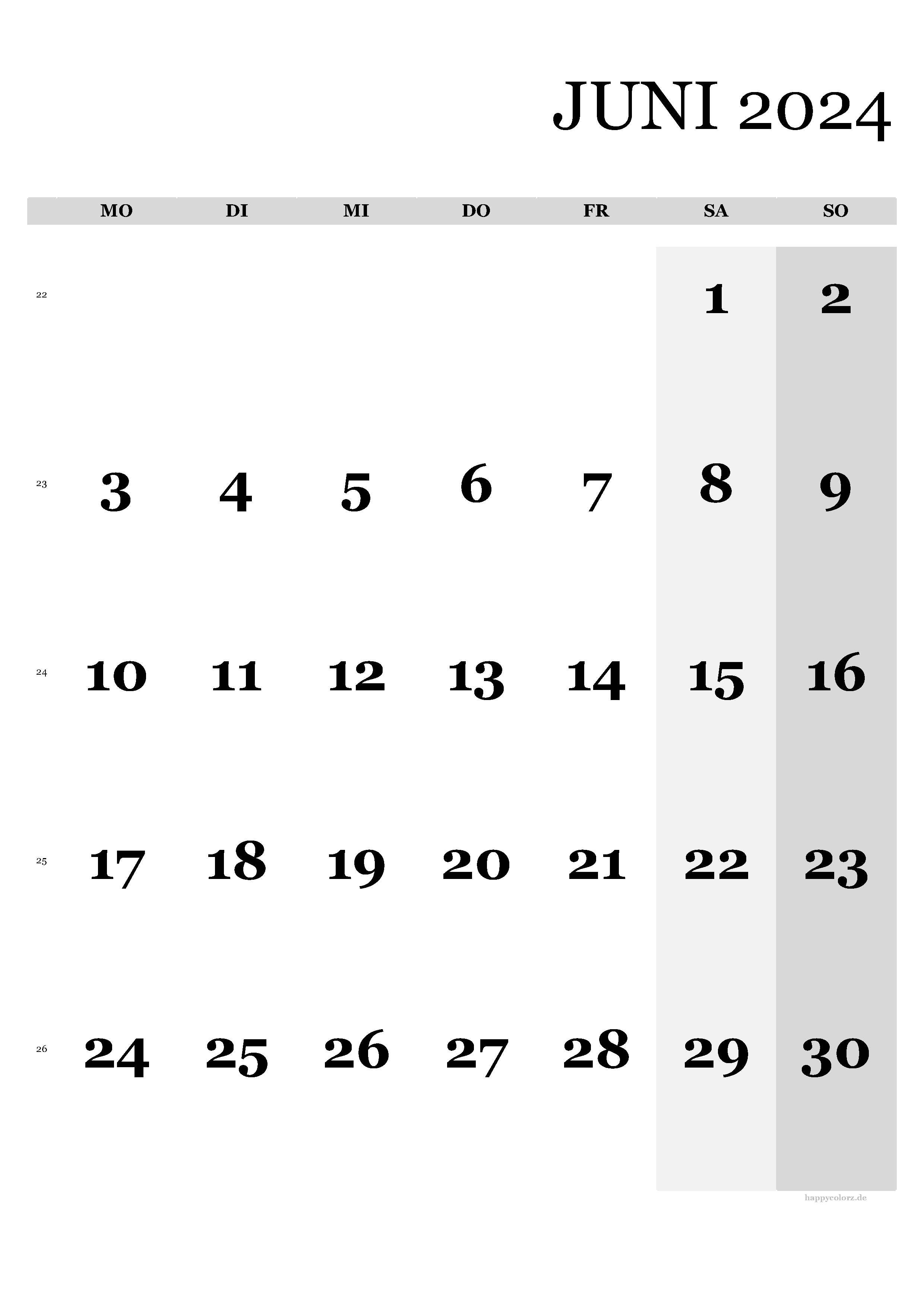 Kalender Juni 2024 - Hochformat, kostenlos zum Ausdrucken