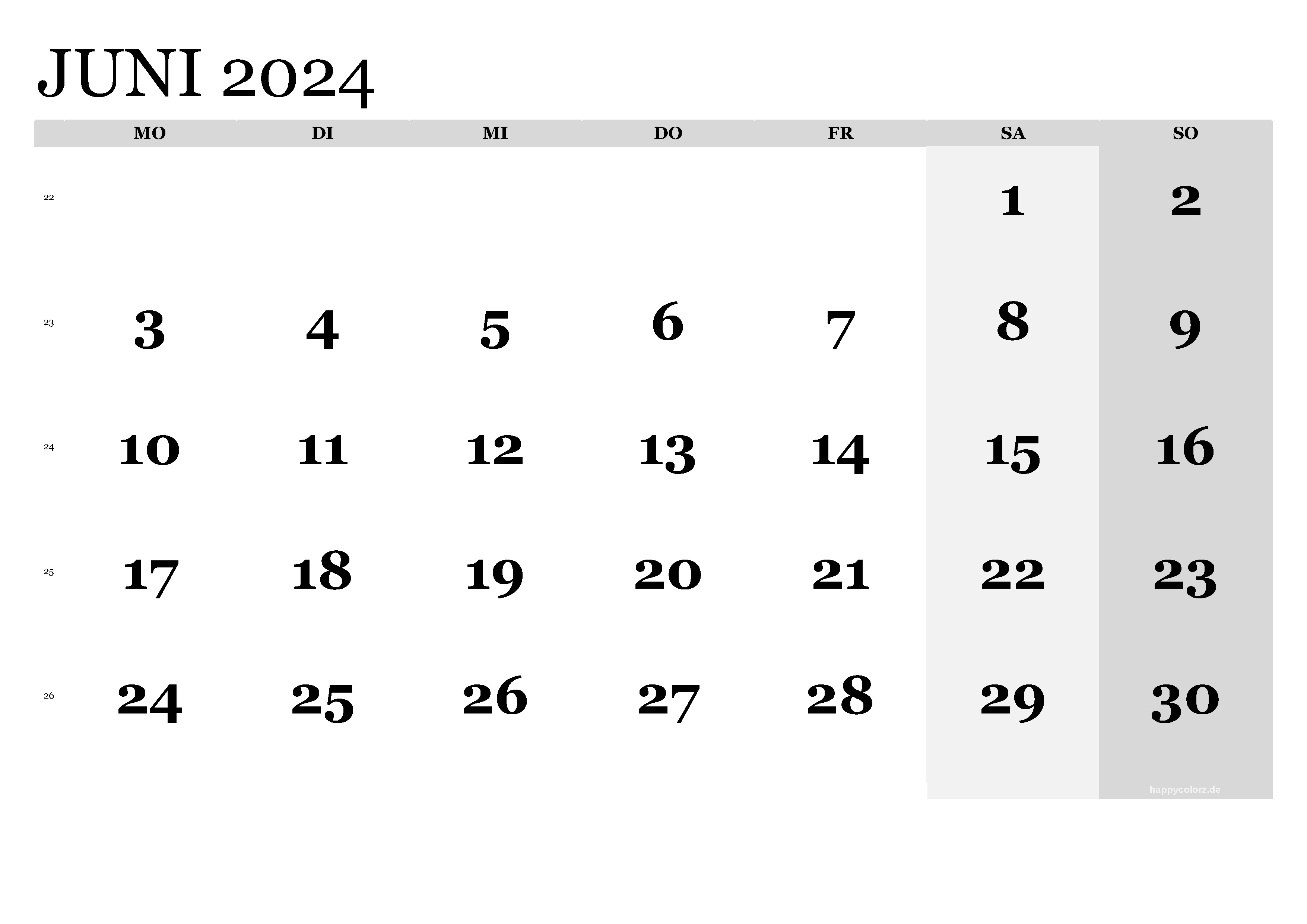 Kalender Juni 2024 klassisch, Querformat PDF zum Ausdrucken