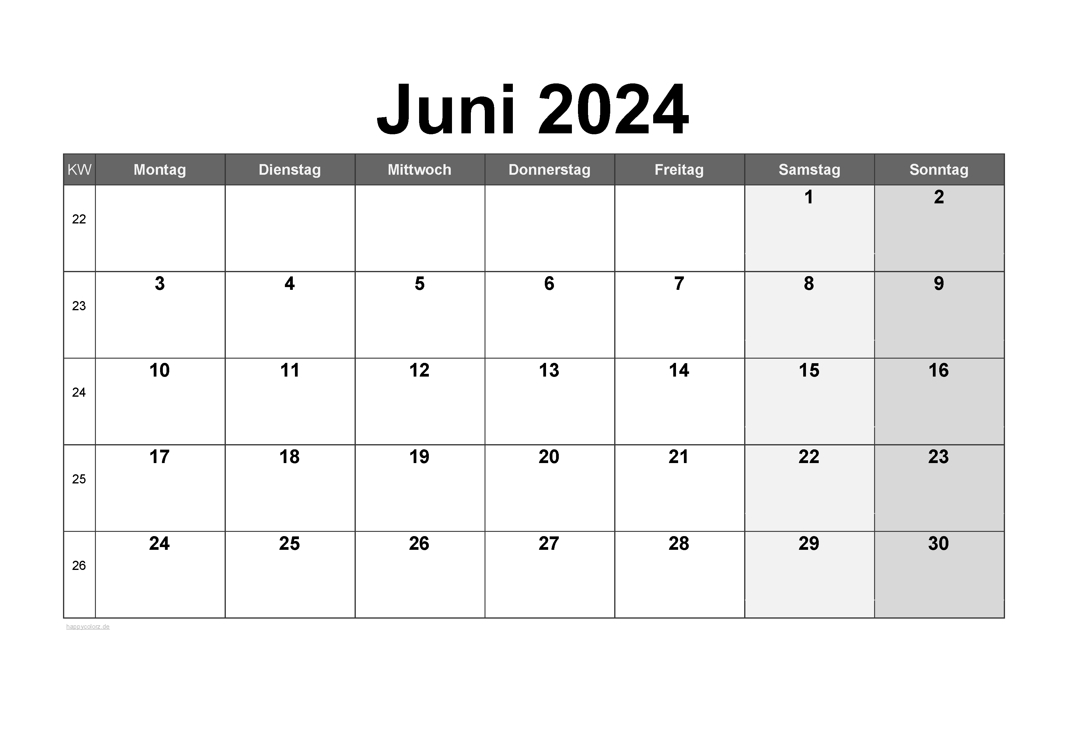 Vorlage Monatskalender Juni 2024 zum kostenlosen Ausdruck