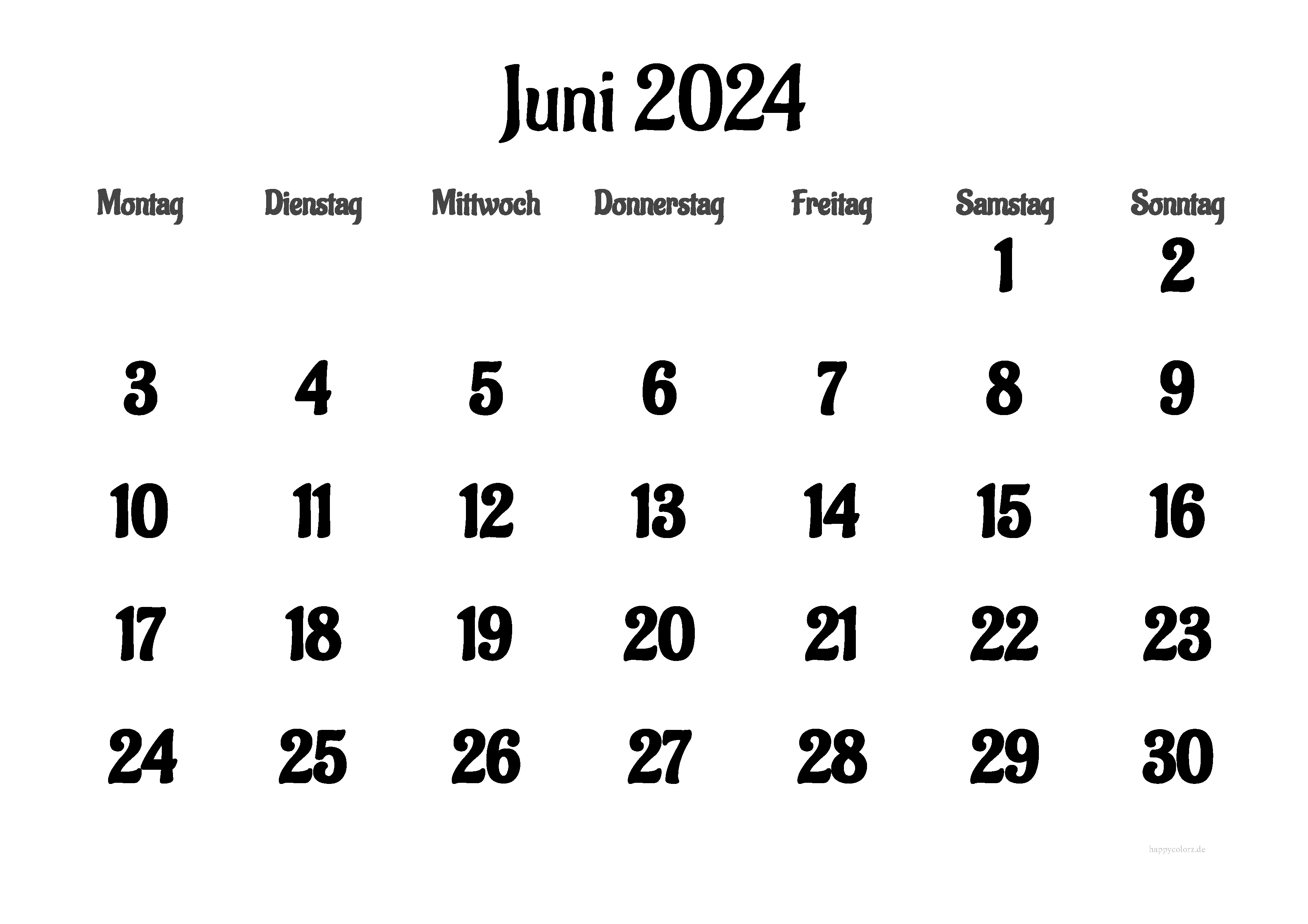Kalender Juni 2024 mit Feiertagen