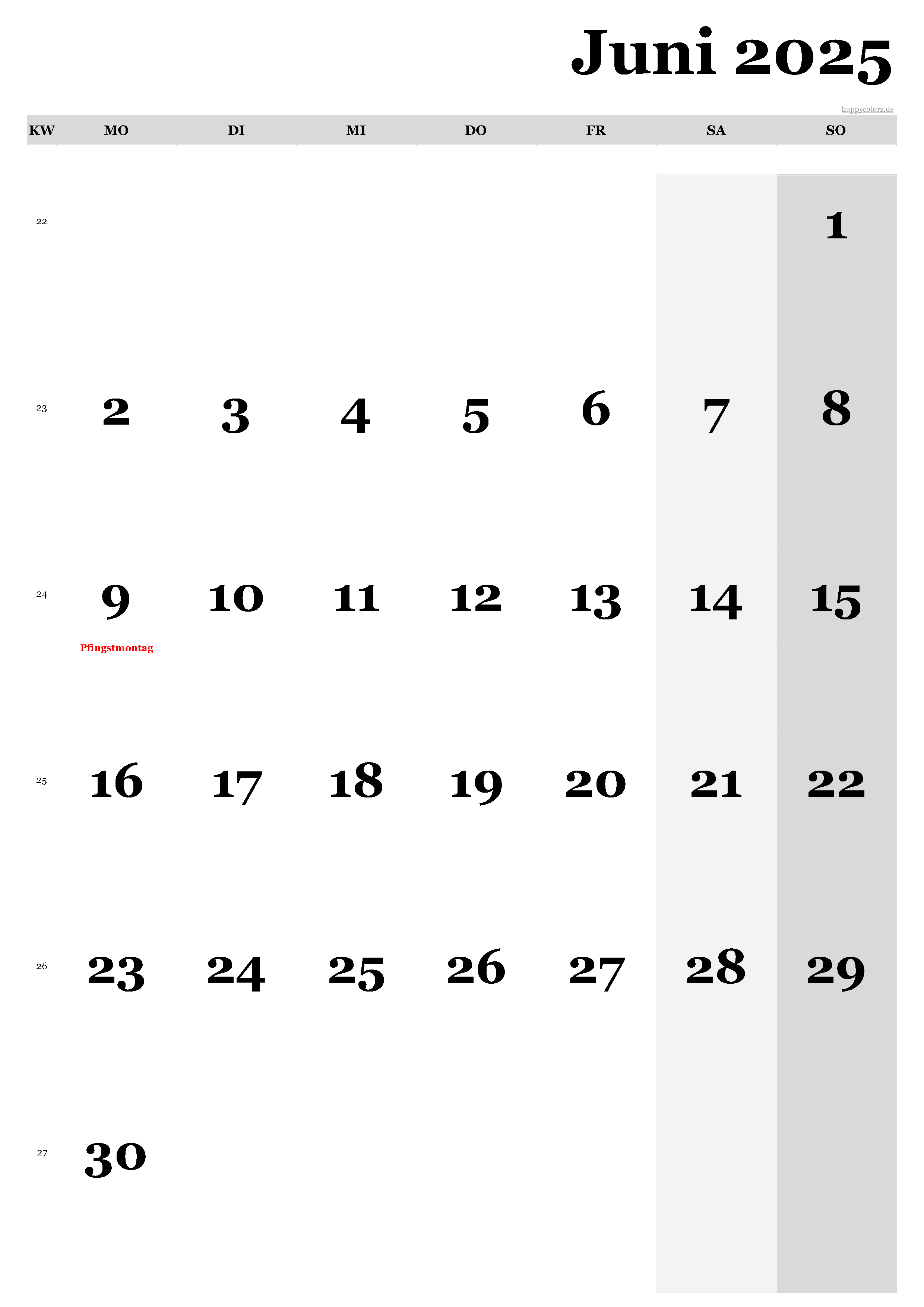 Kalender Juni 2025 - Hochformat, kostenlos zum Ausdrucken