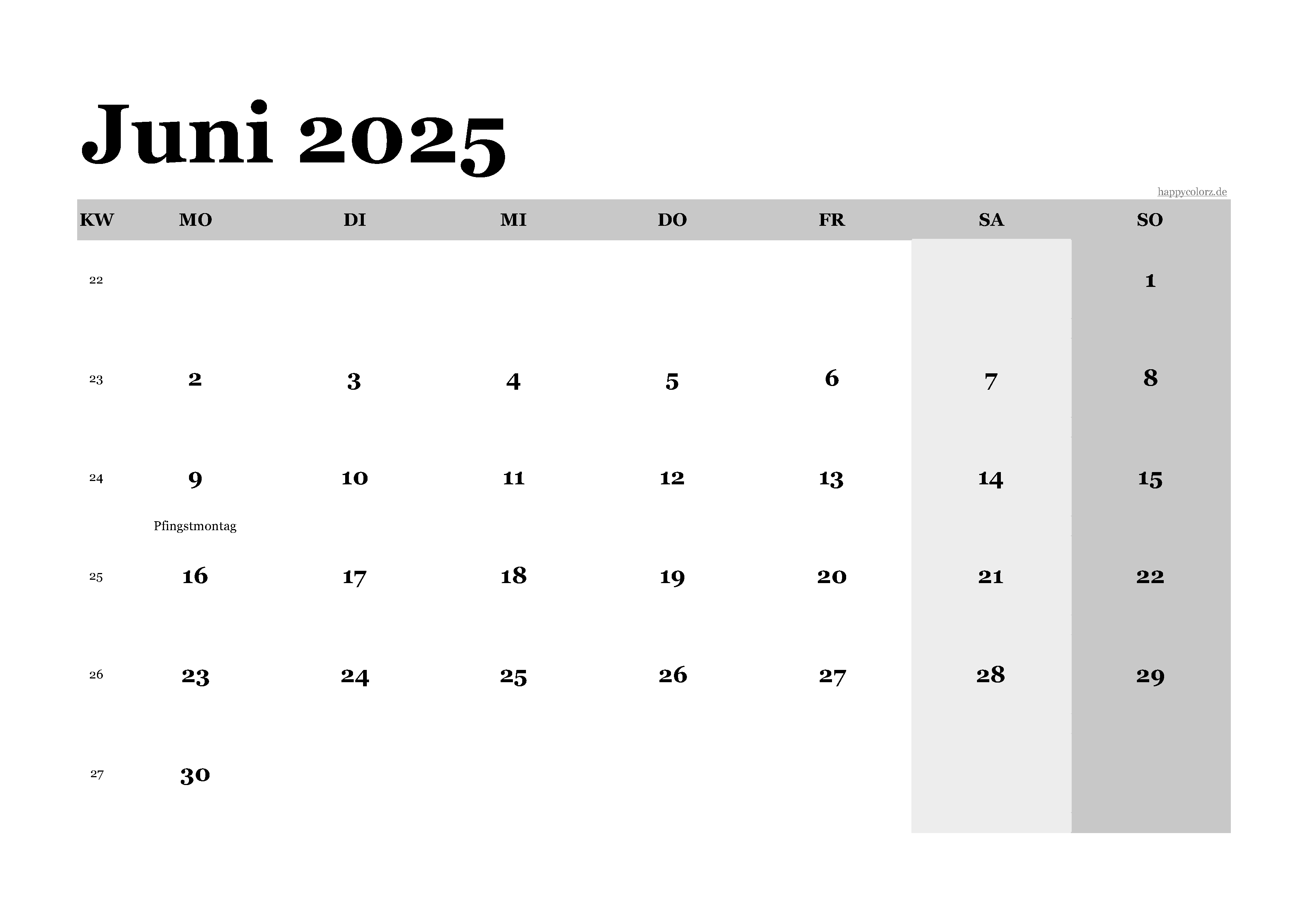 Kalender Juni 2025 klassisch, Querformat PDF zum Ausdrucken