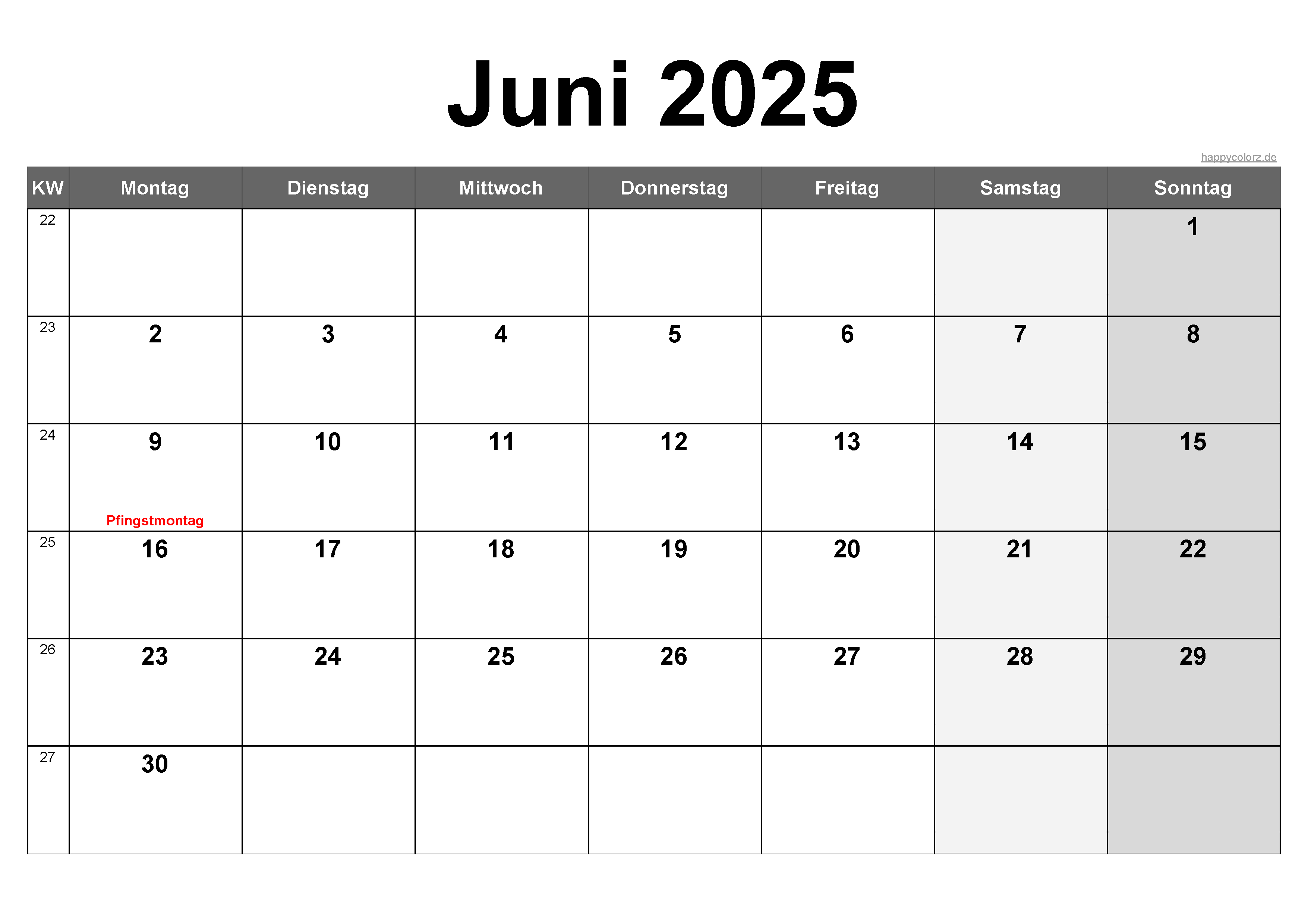 Vorlage Monatskalender Juni 2025 zum kostenlosen Ausdruck