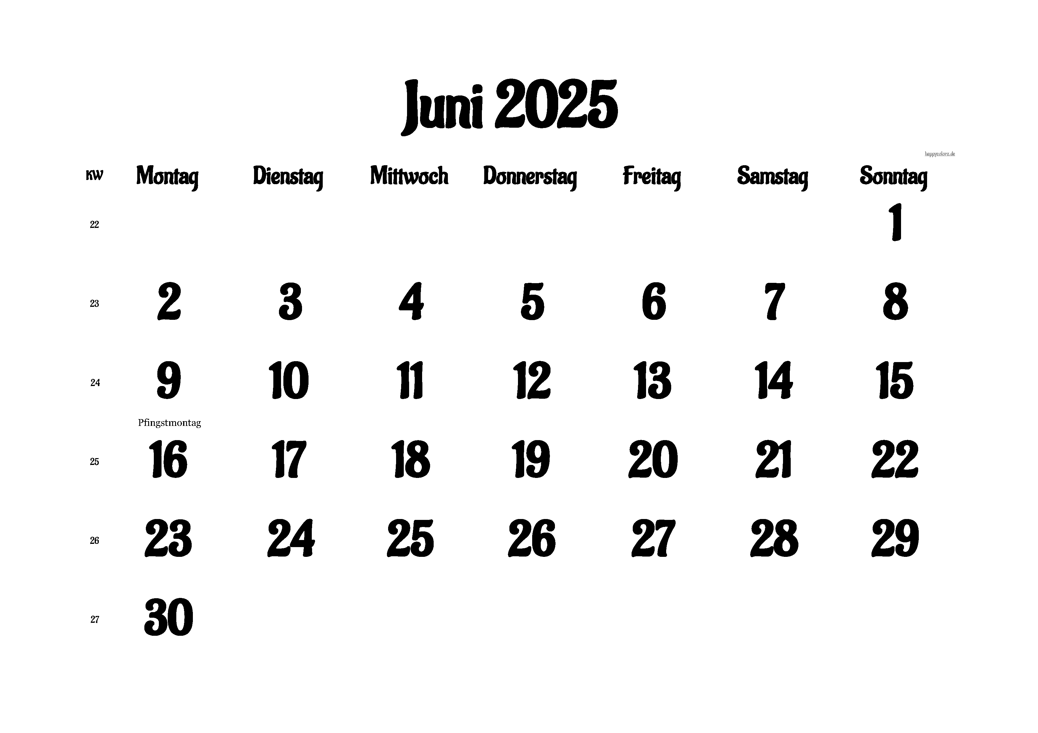 Kalender Juni 2025 mit Feiertagen