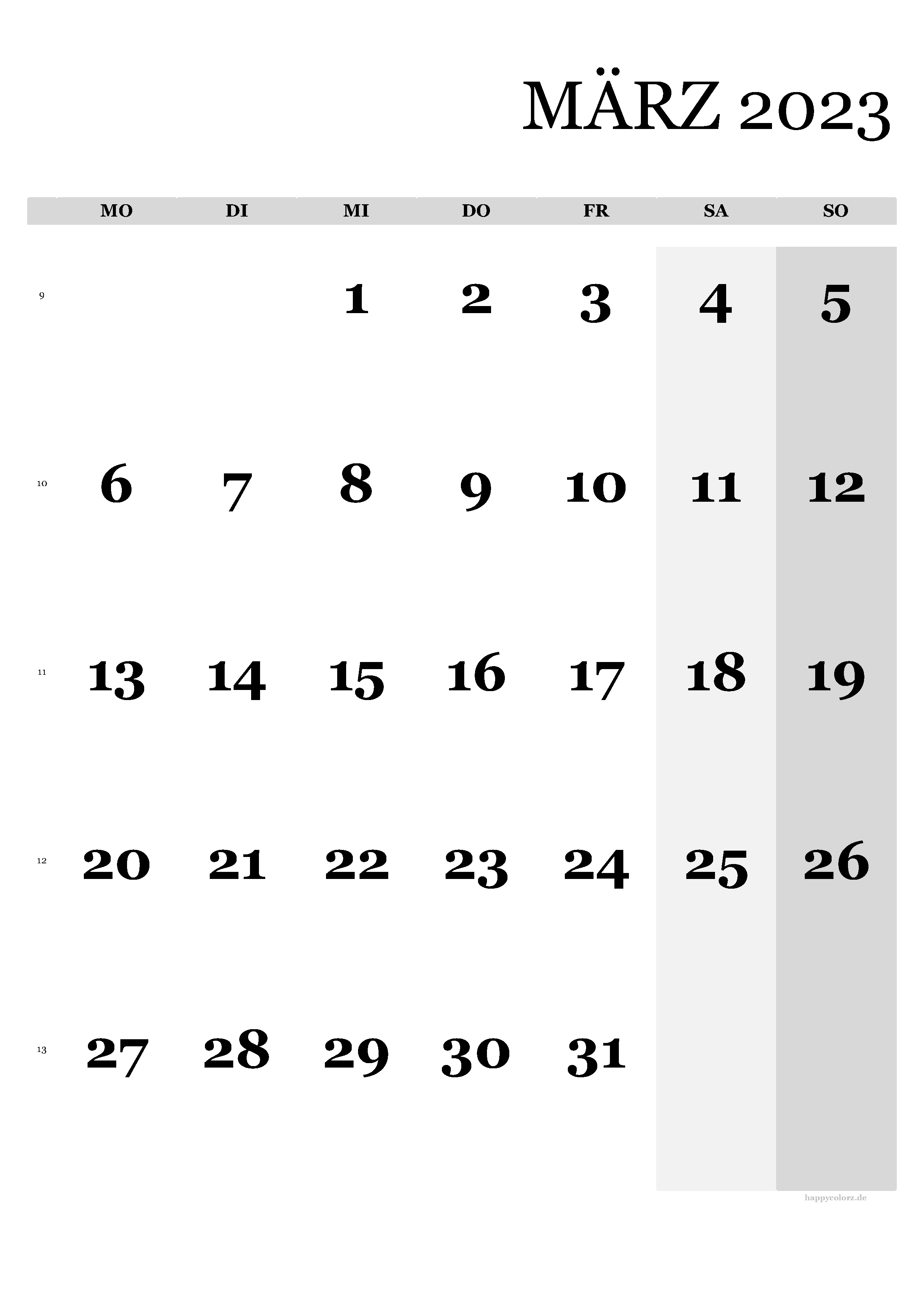 Kalender März 2023 - Hochformat, kostenlos zum Ausdrucken