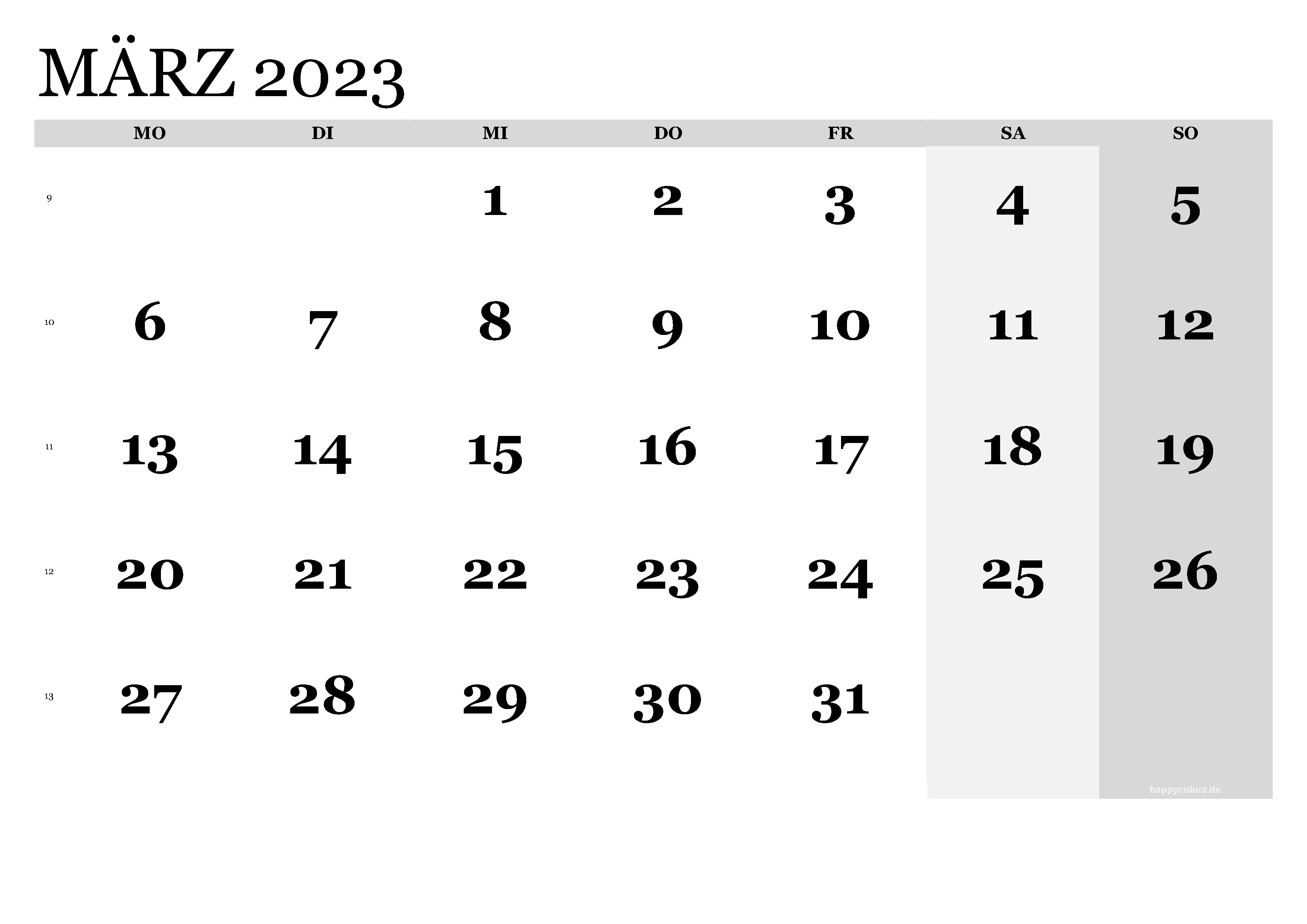 Kalender März 2023 klassisch, Querformat PDF zum Ausdrucken