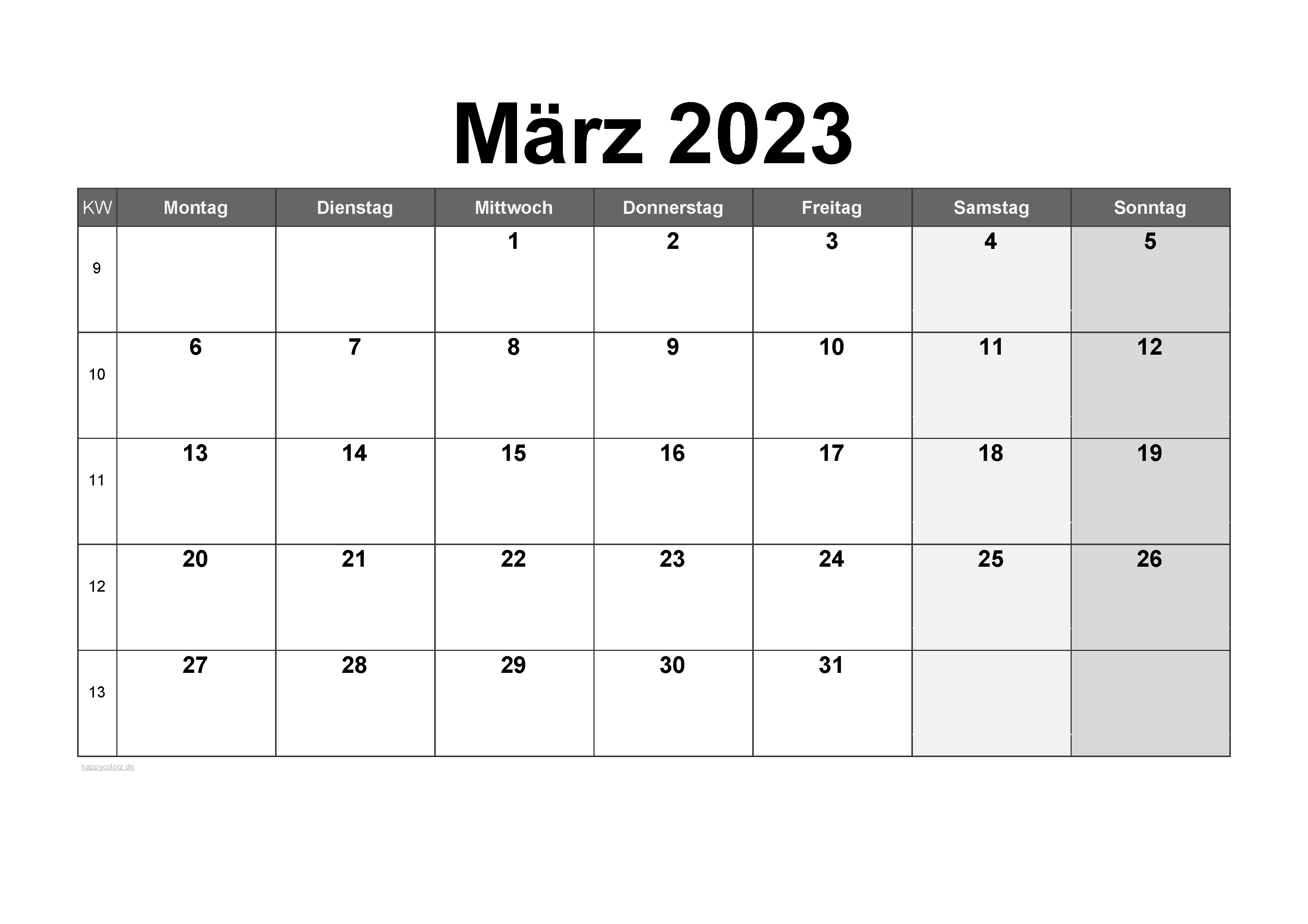 März 2023 Kalender - kostenlos zum Ausdrucken