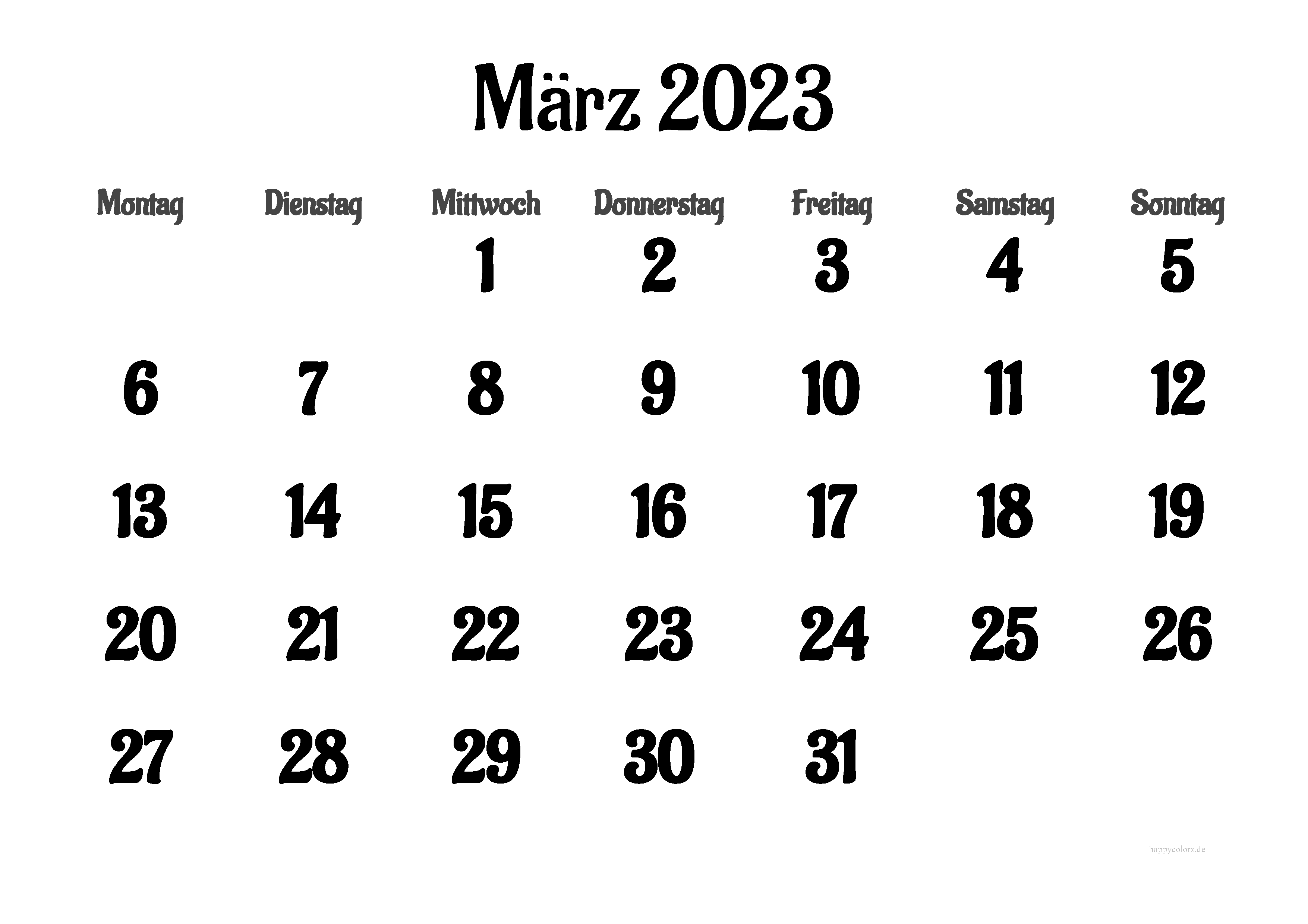 Kalender März 2023 mit Feiertagen