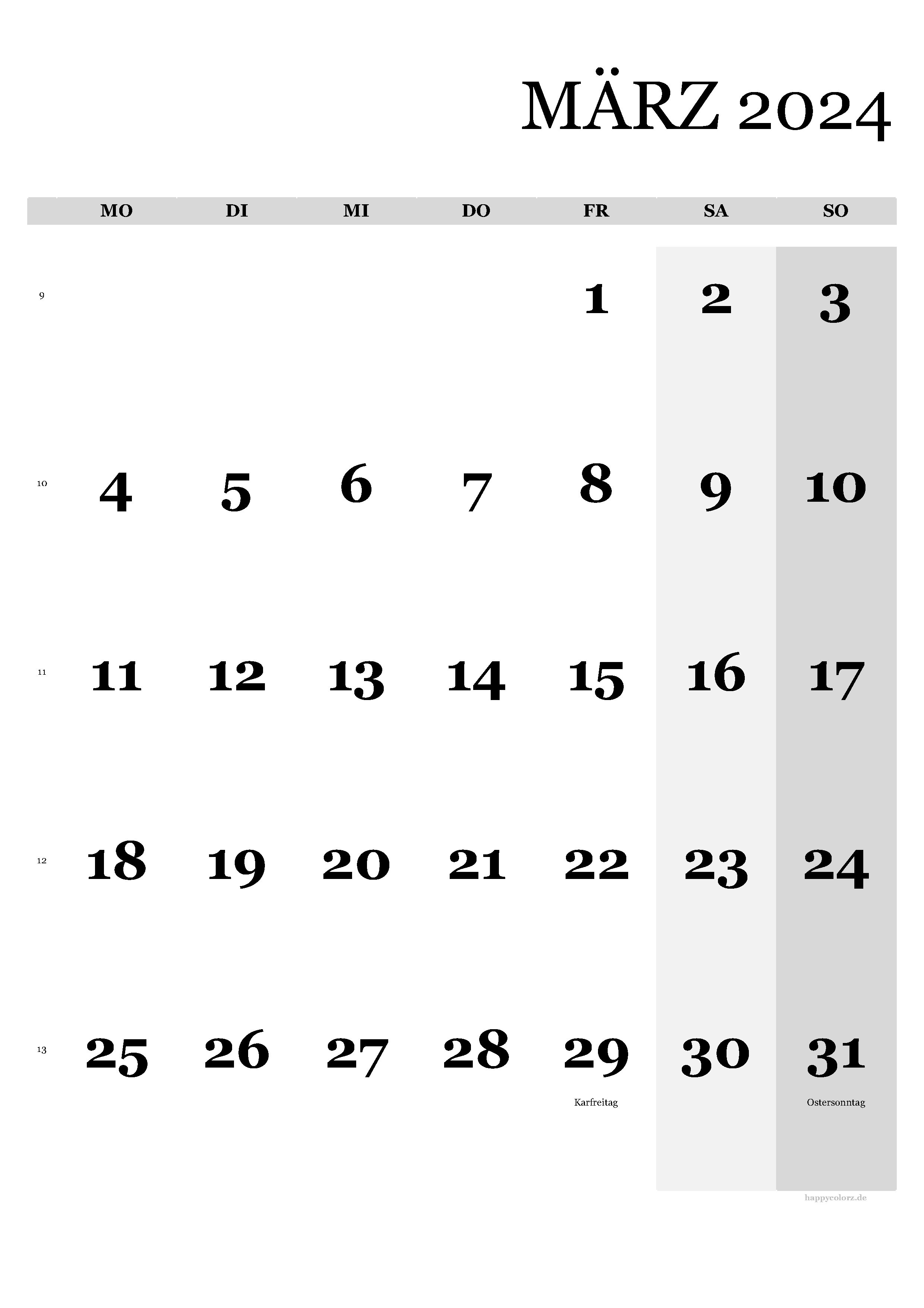 Kalender März 2024 - Hochformat, kostenlos zum Ausdrucken