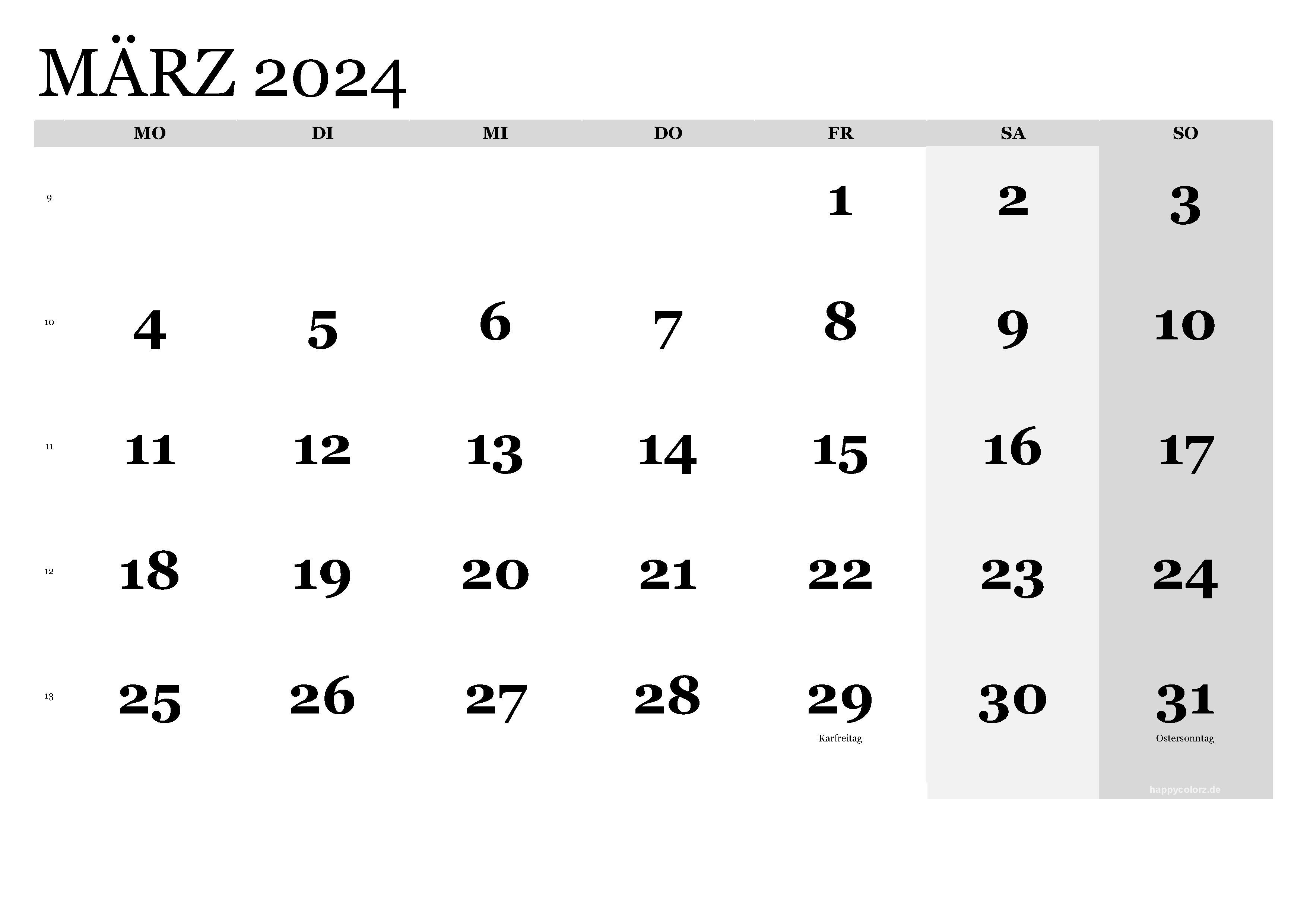 Kalender März 2024 klassisch, Querformat PDF zum Ausdrucken