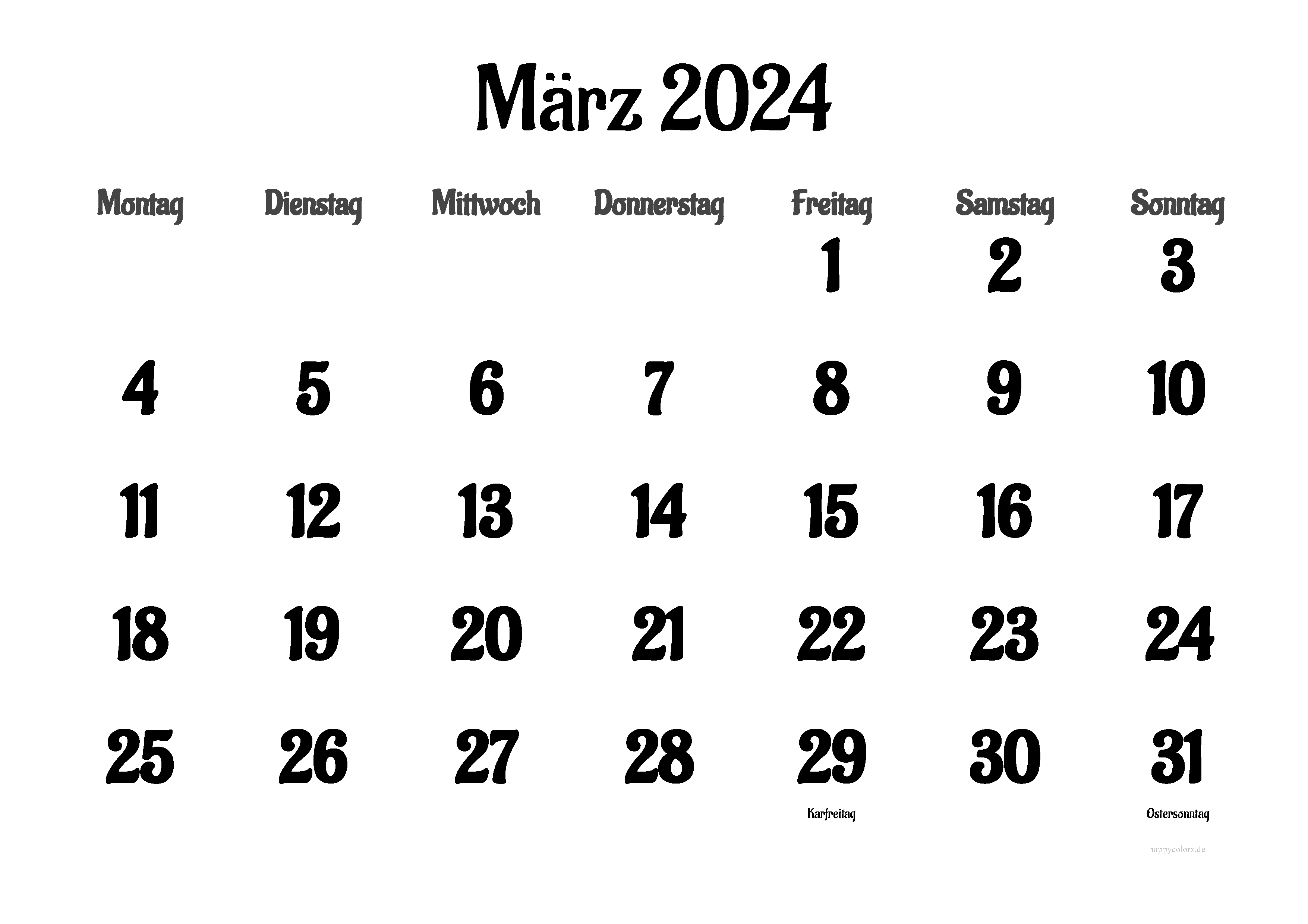 Kalender März 2024 mit Feiertagen