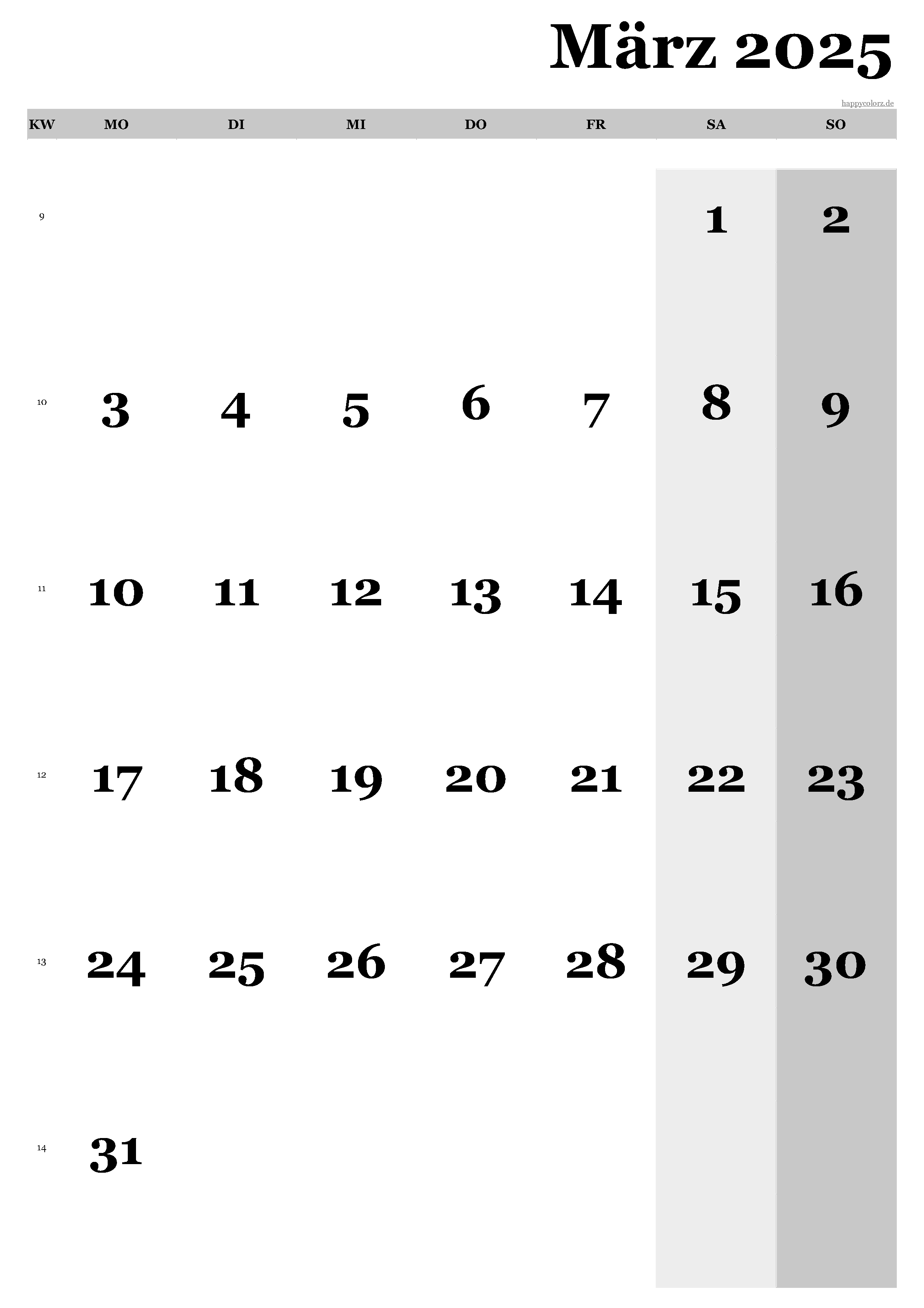 Kalender März 2025 - Hochformat, kostenlos zum Ausdrucken