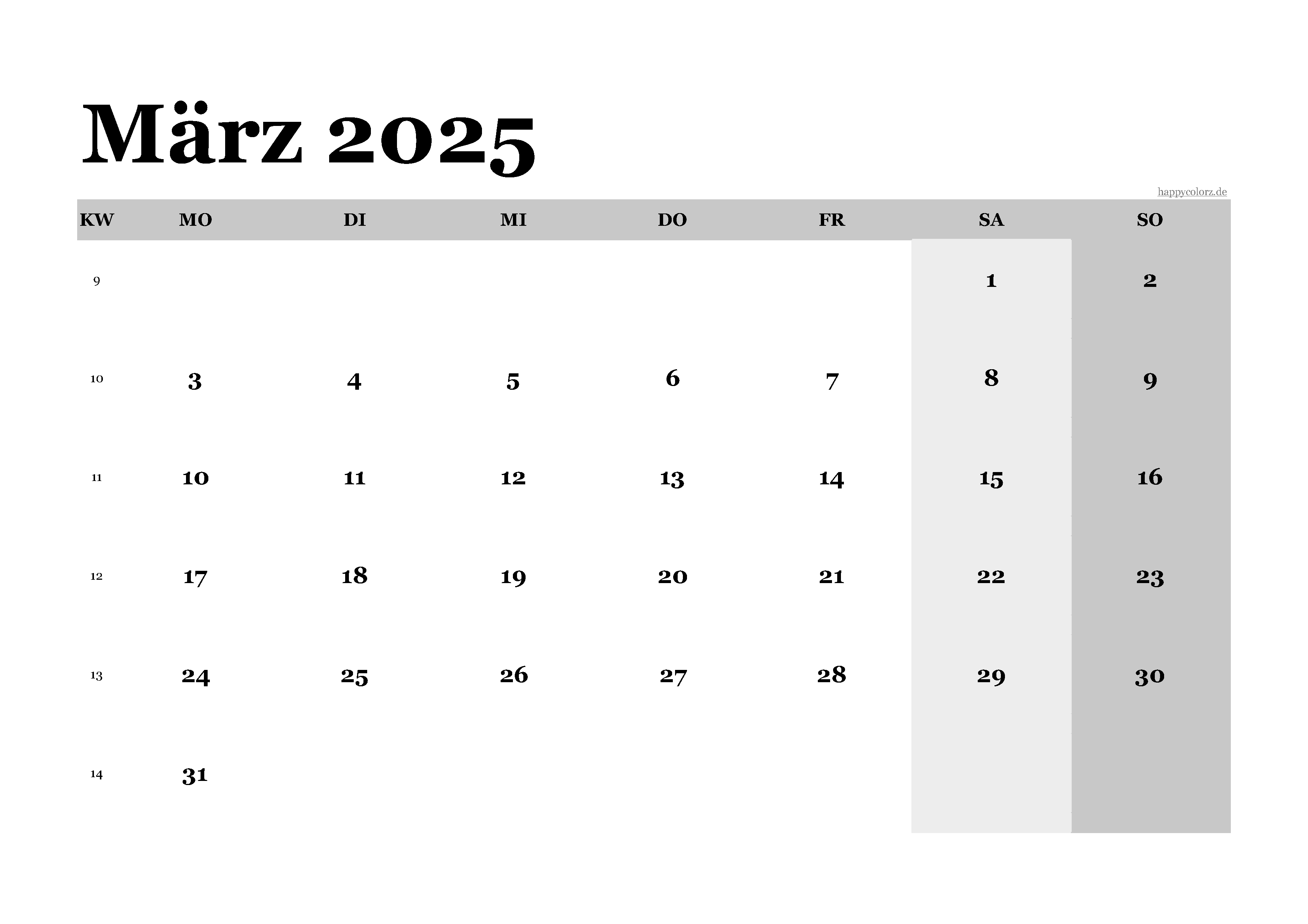 Kalender März 2025 klassisch, Querformat PDF zum Ausdrucken