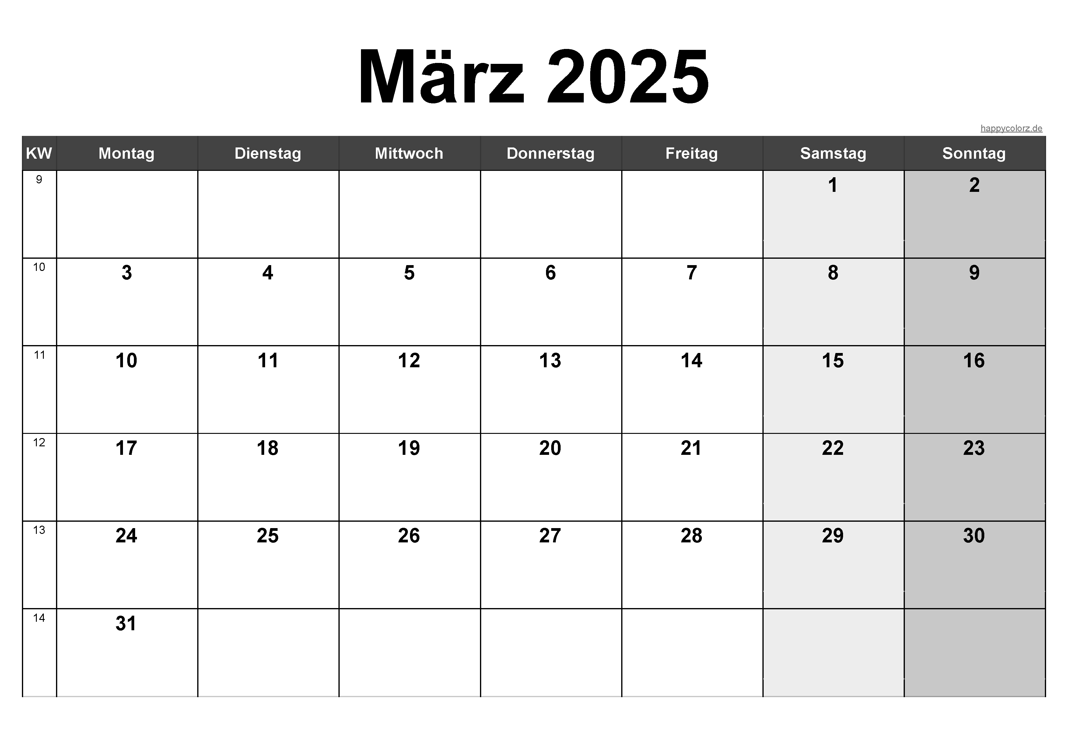 Vorlage Monatskalender März 2025 zum kostenlosen Ausdruck