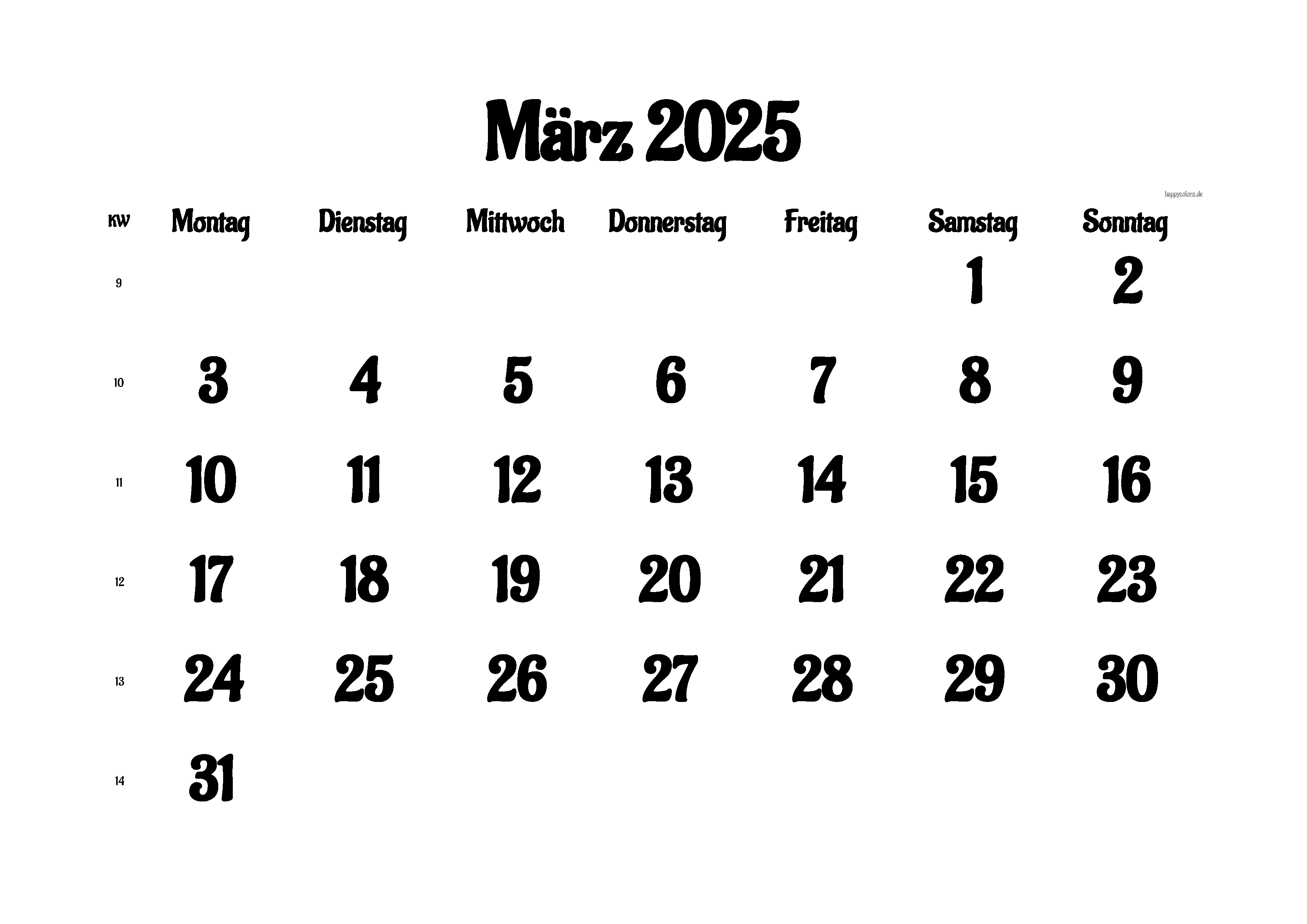 Kalender März 2025 mit Feiertagen