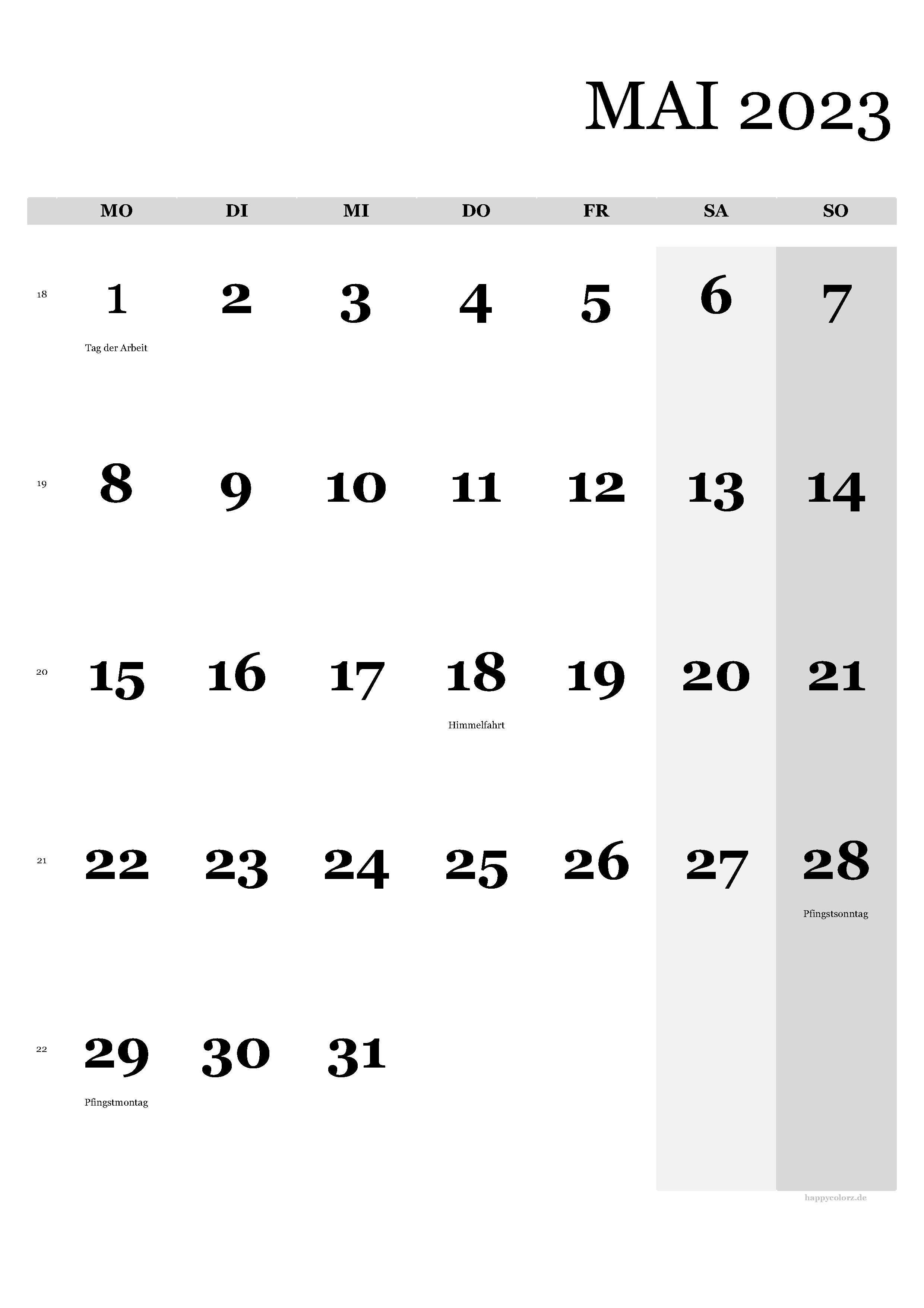 Kalender Mai 2023 - Hochformat, kostenlos zum Ausdrucken