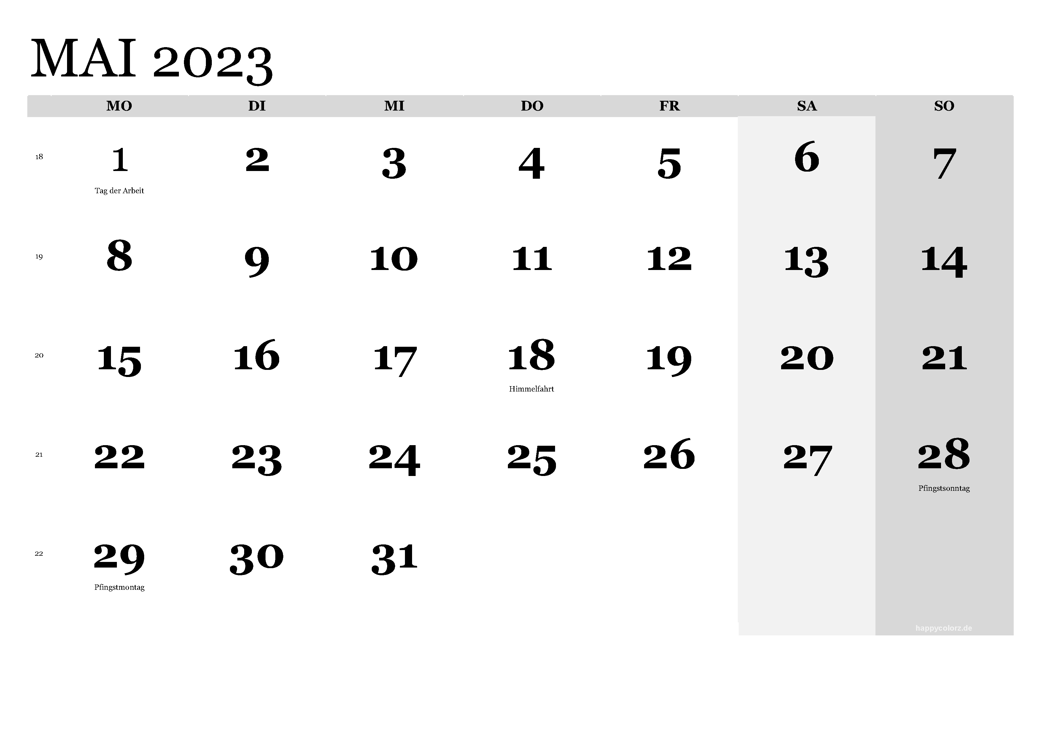 Kalender Mai 2023 klassisch, Querformat PDF zum Ausdrucken