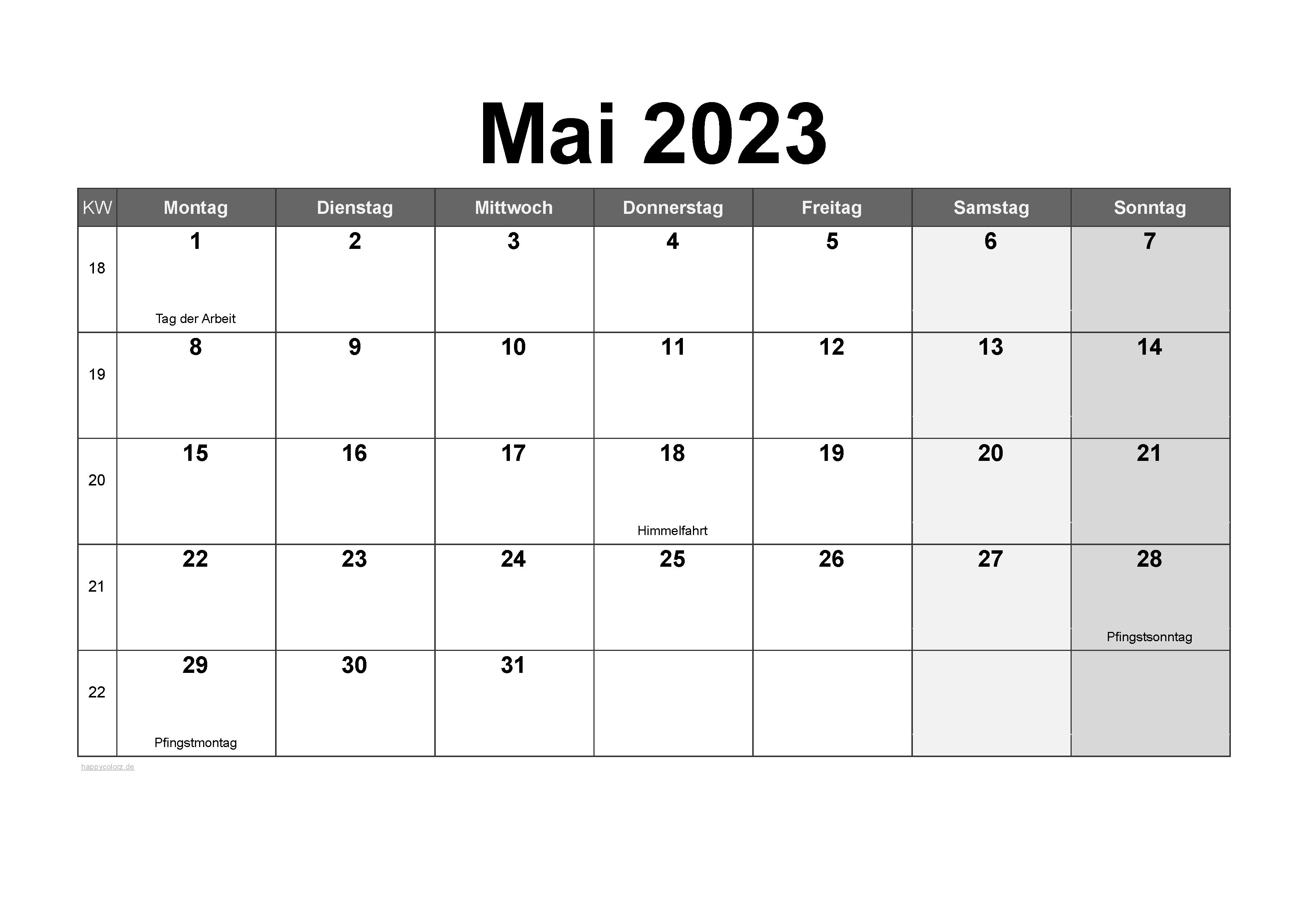 Mai 2023 Kalender - kostenlos zum Ausdrucken