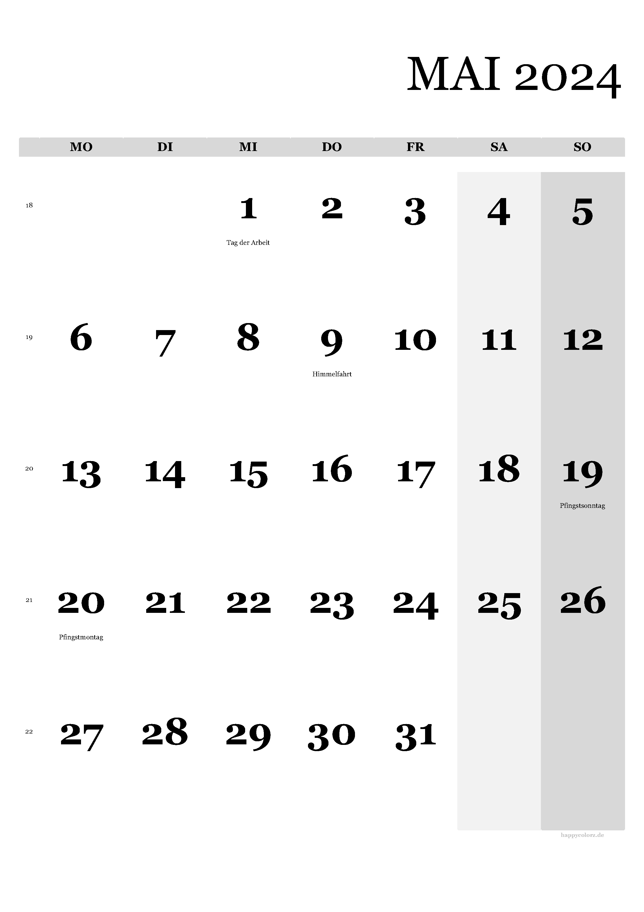 Kalender Mai 2024 - Hochformat, kostenlos zum Ausdrucken