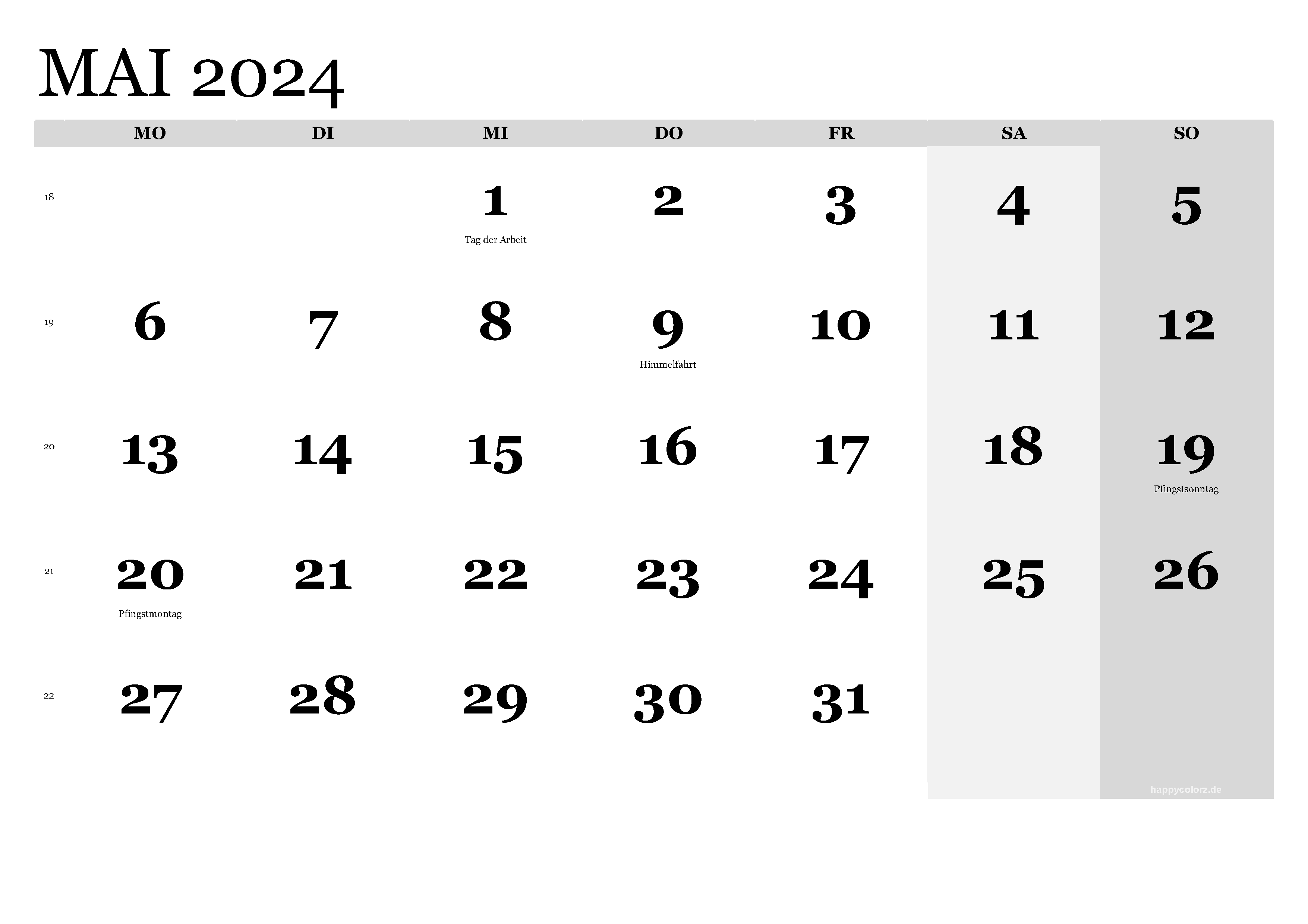 Kalender Mai 2024 klassisch, Querformat PDF zum Ausdrucken