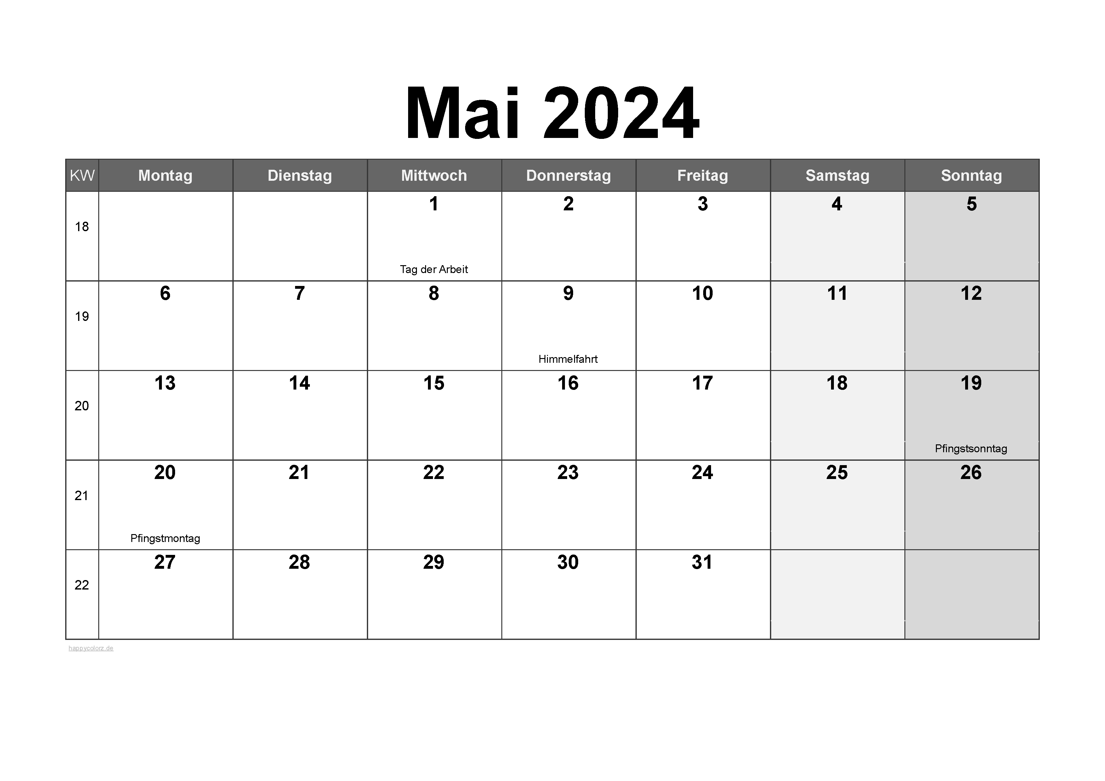 Vorlage Monatskalender Mai 2024 zum kostenlosen Ausdruck