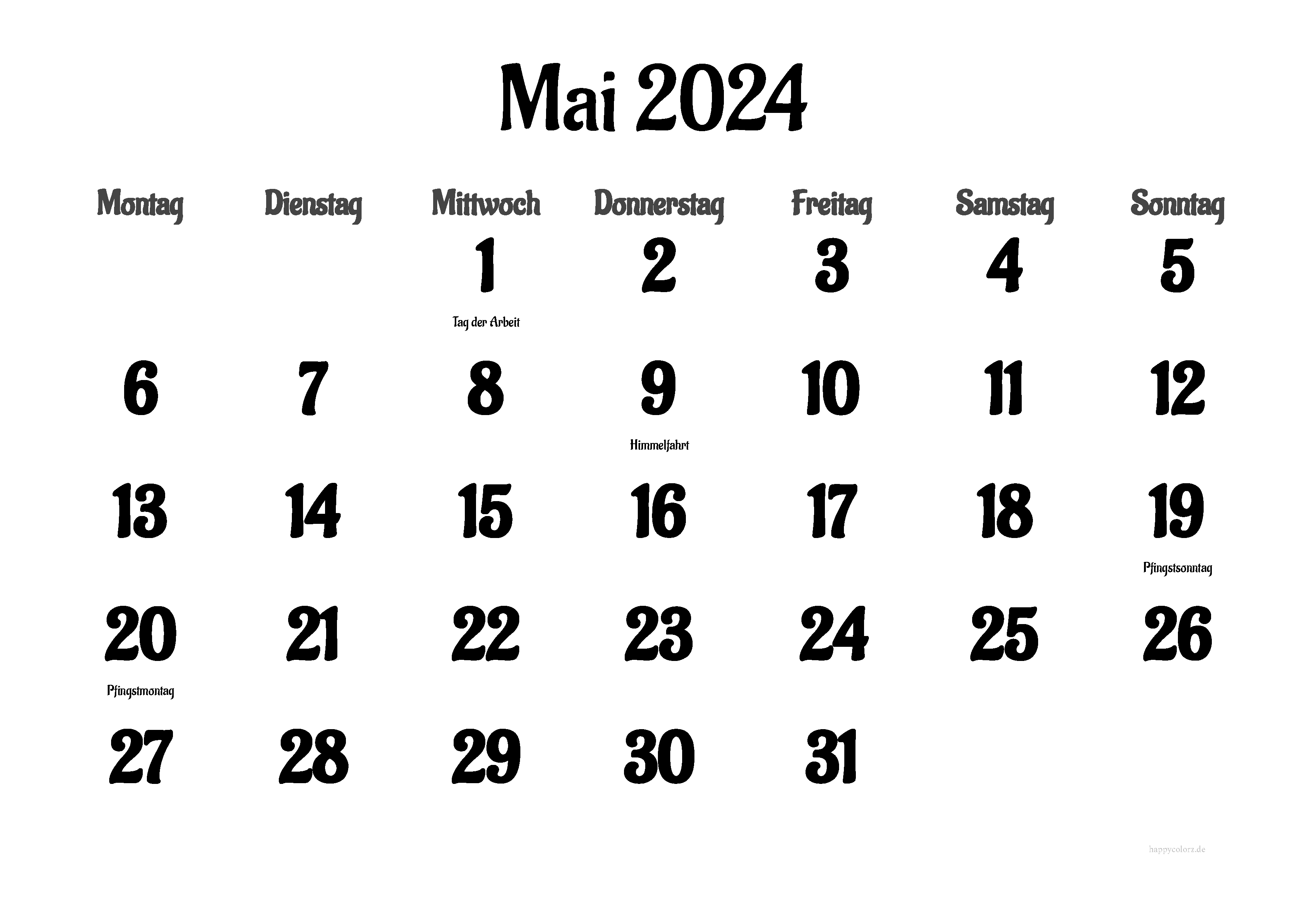 Kalender Mai 2024 mit Feiertagen