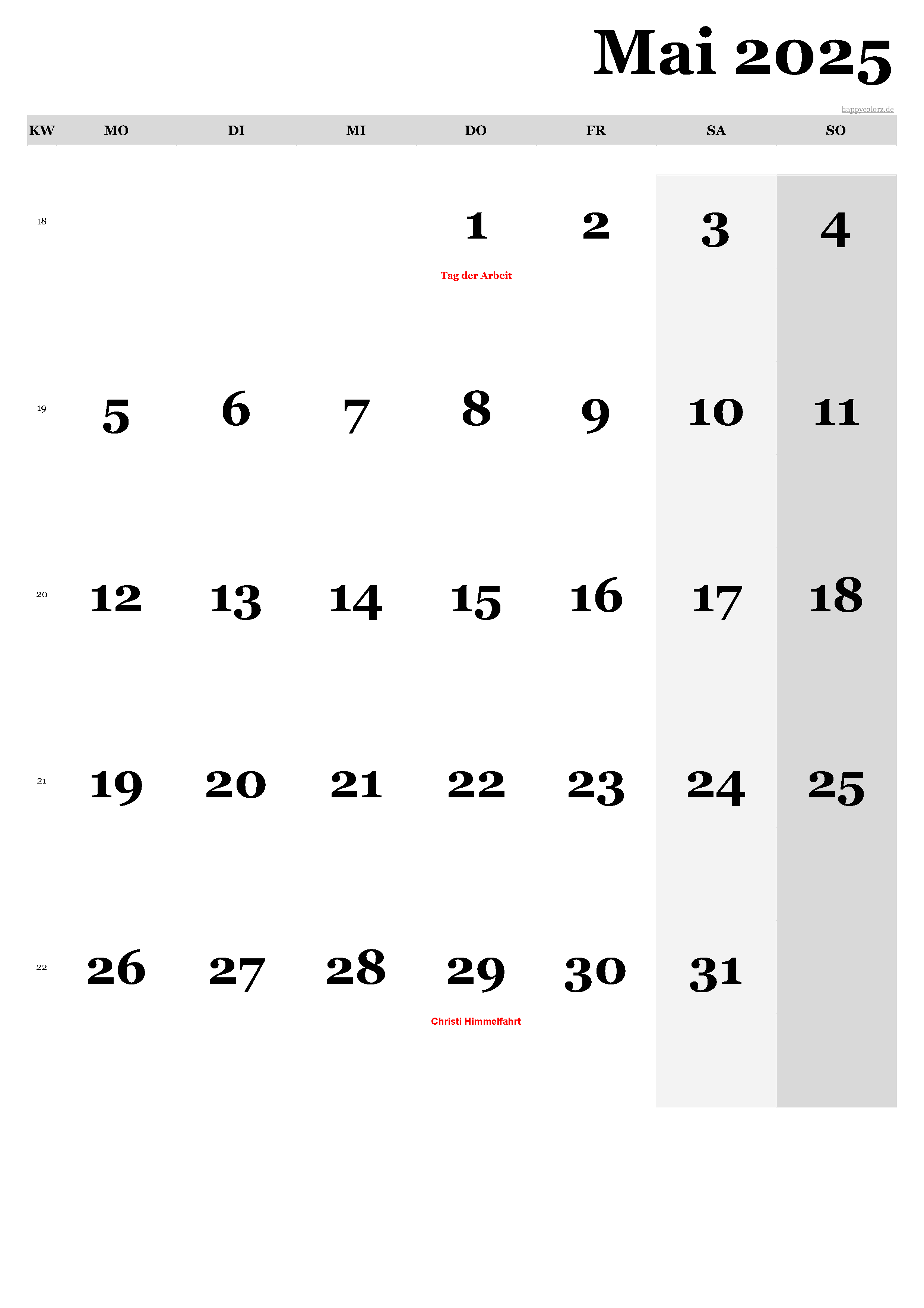 Kalender Mai 2025 - Hochformat, kostenlos zum Ausdrucken