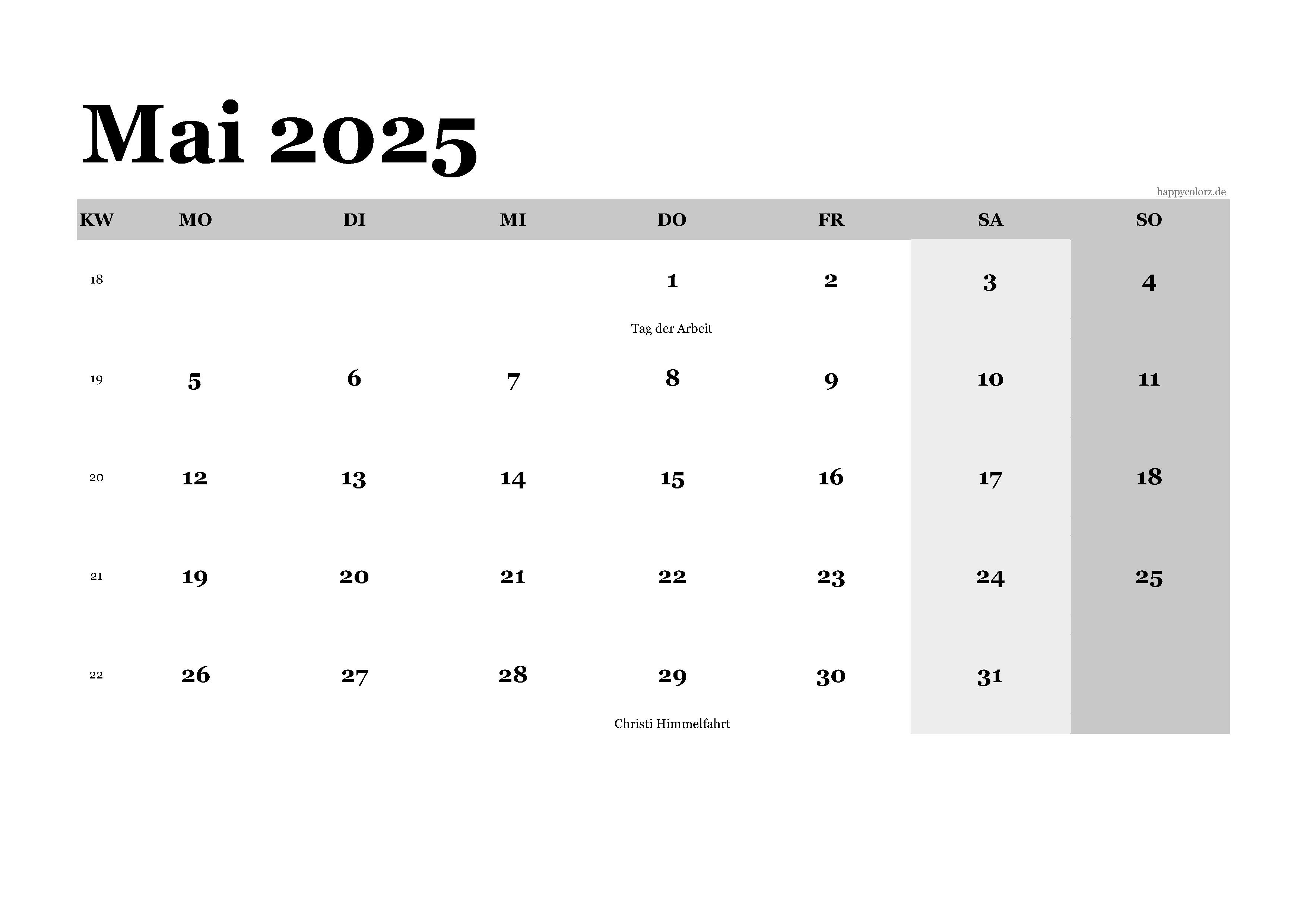 Kalender Mai 2025 klassisch, Querformat PDF zum Ausdrucken