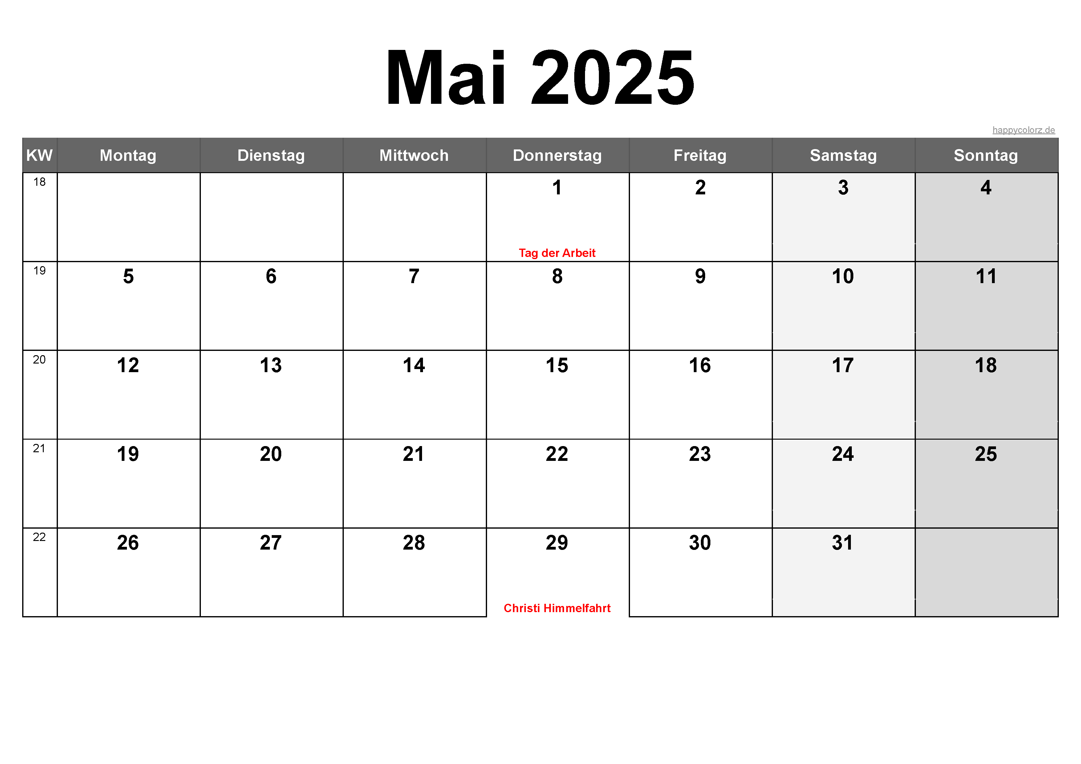 Vorlage Monatskalender Mai 2025 zum kostenlosen Ausdruck