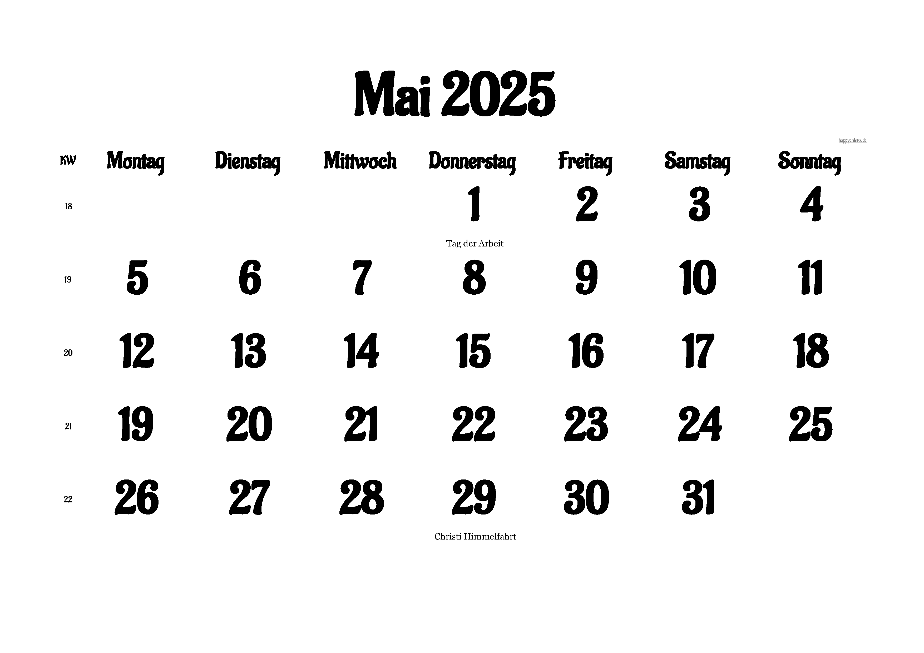 Kalender Mai 2025 mit Feiertagen