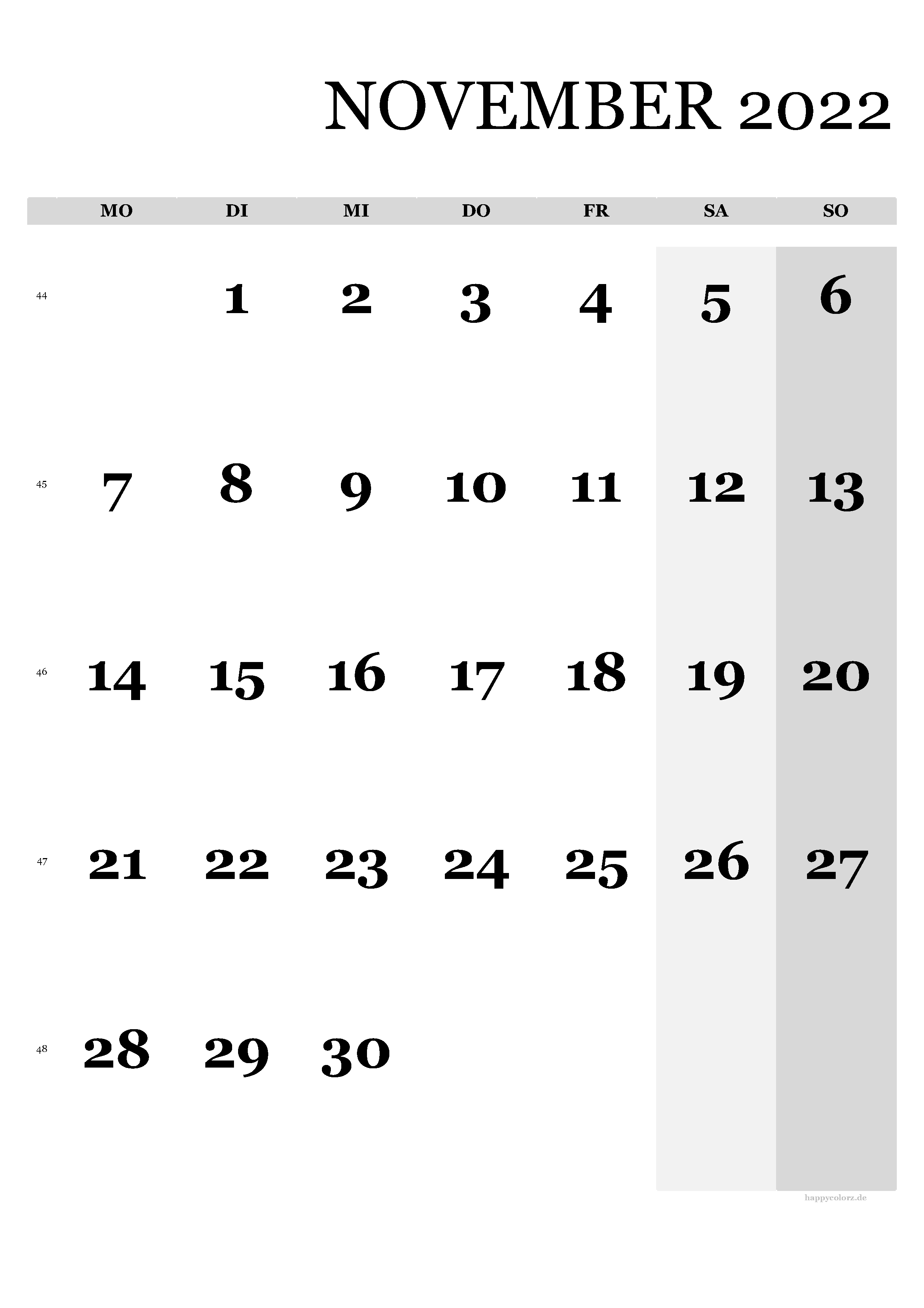 Kalender November 2022 - Hochformat, kostenlos zum Ausdrucken
