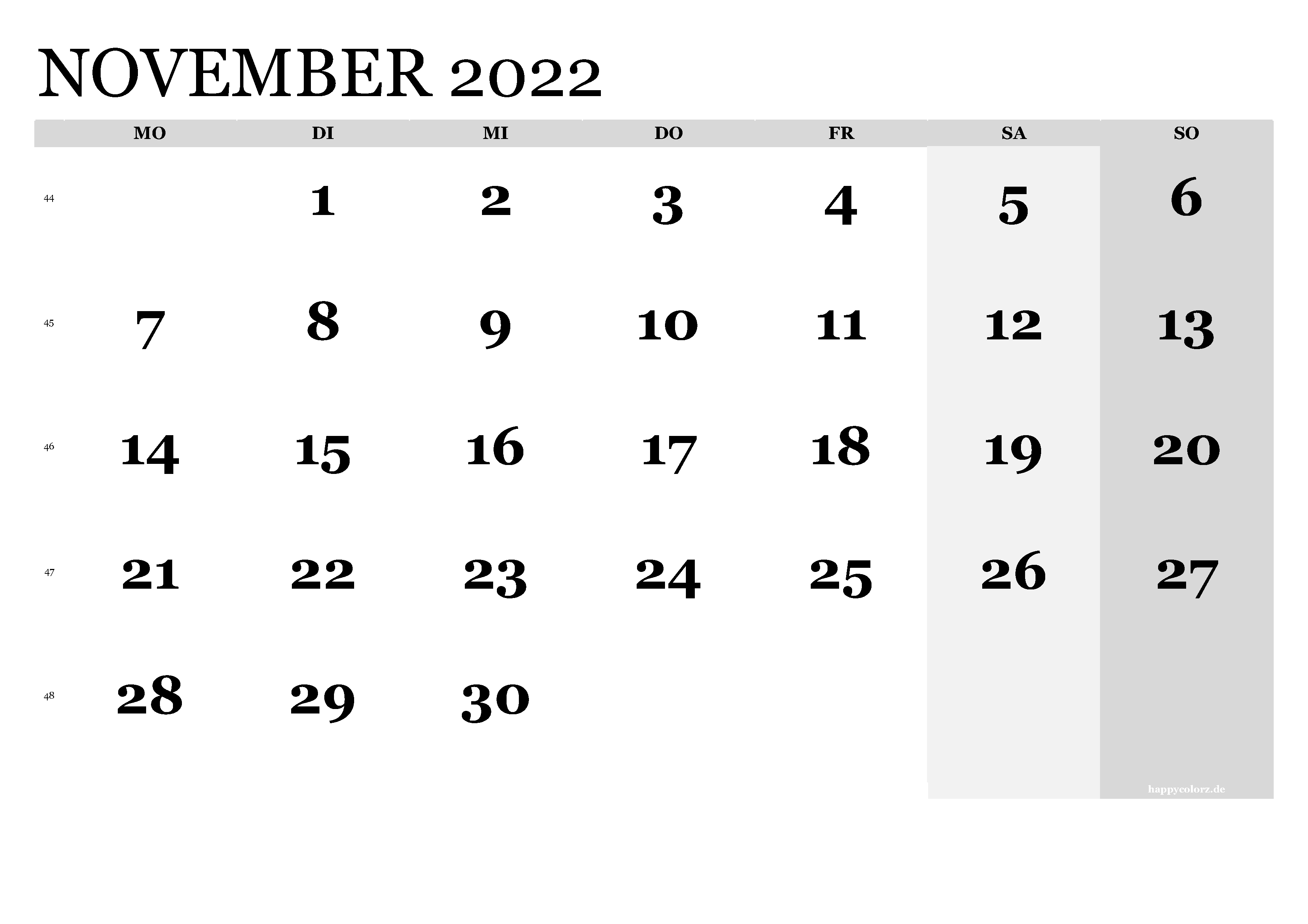 November 2022 calendar printable