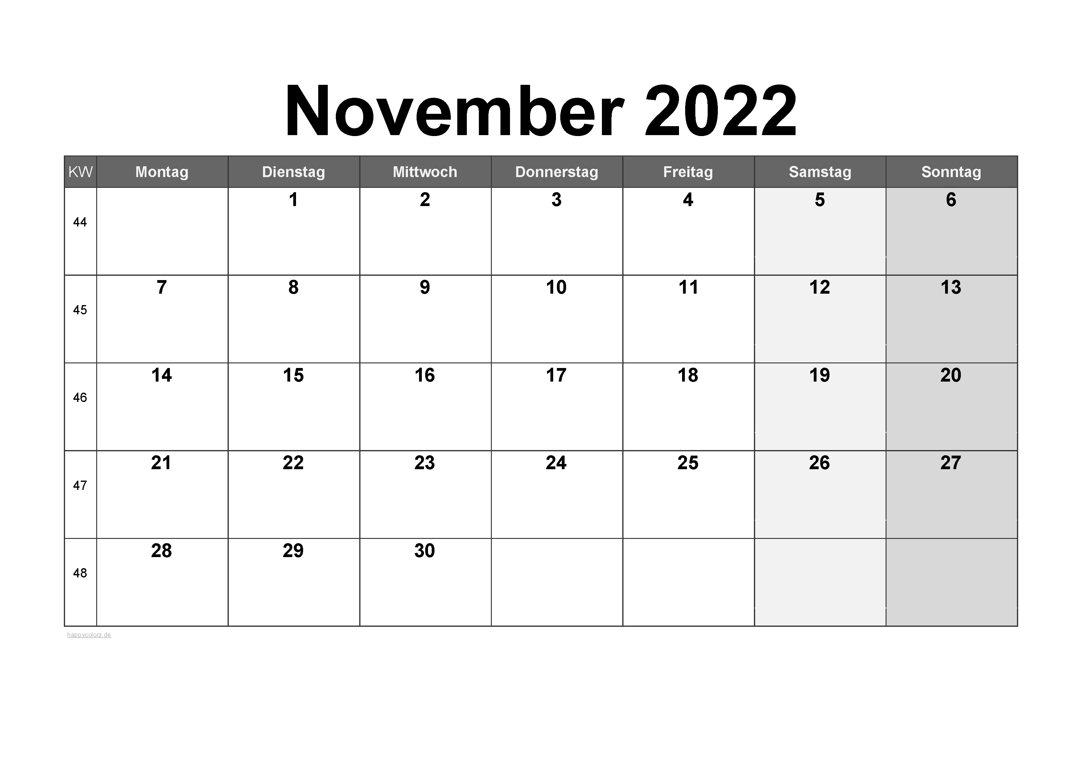Vorlage Monatskalender November 2022 zum kostenlosen Ausdruck