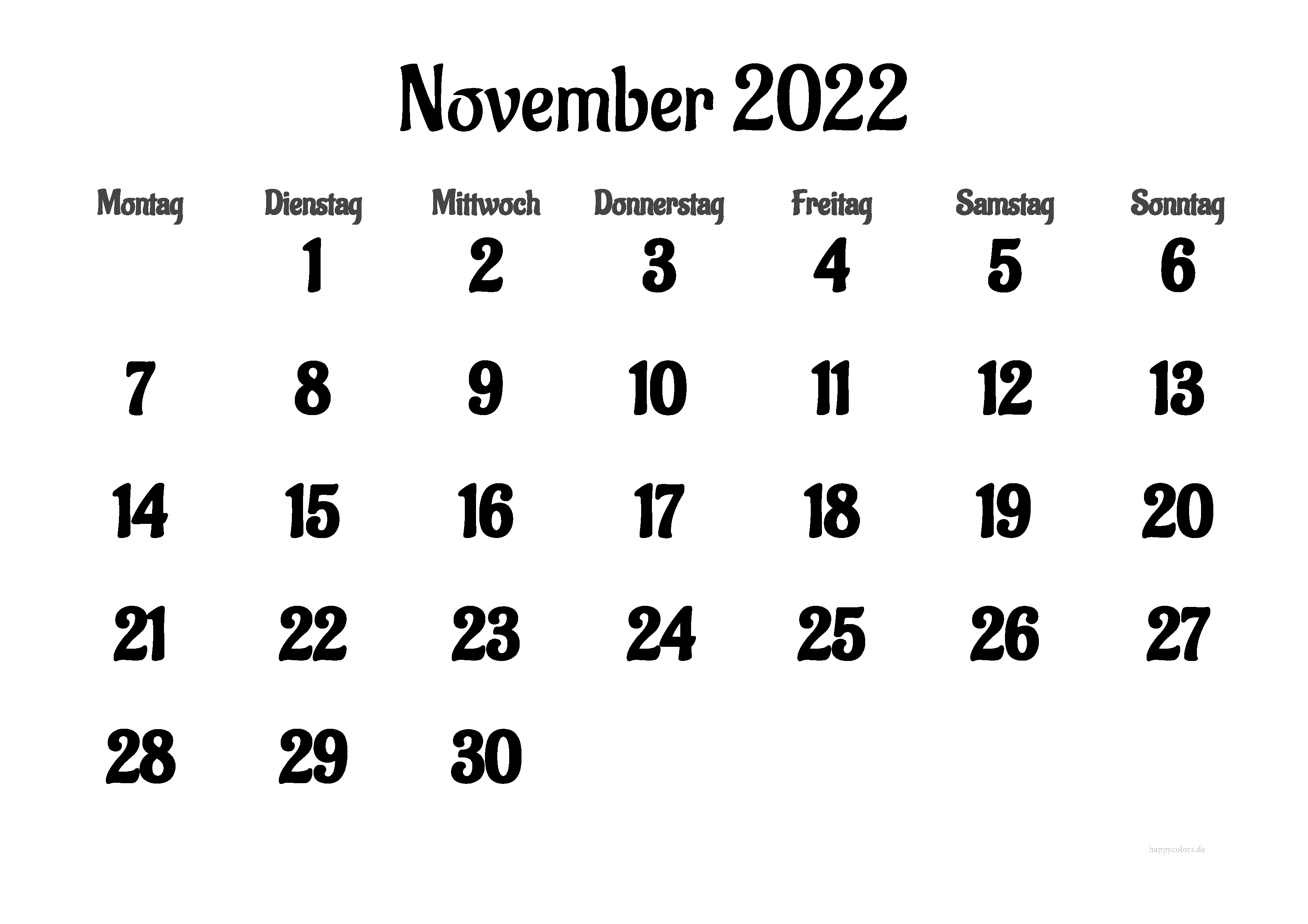 Kalender November 2022 mit Feiertagen