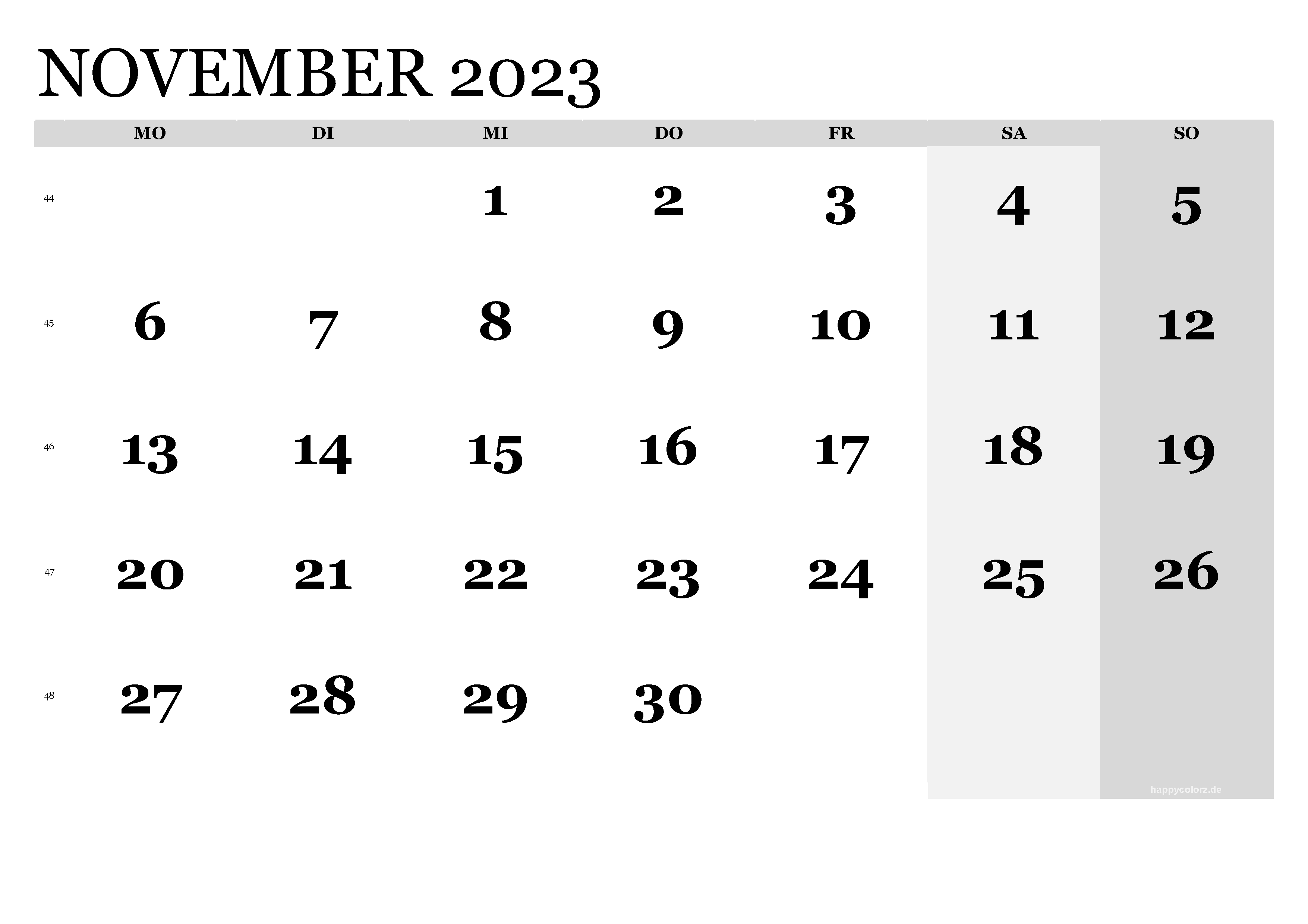 Kalender November 2023 klassisch, Querformat PDF zum Ausdrucken