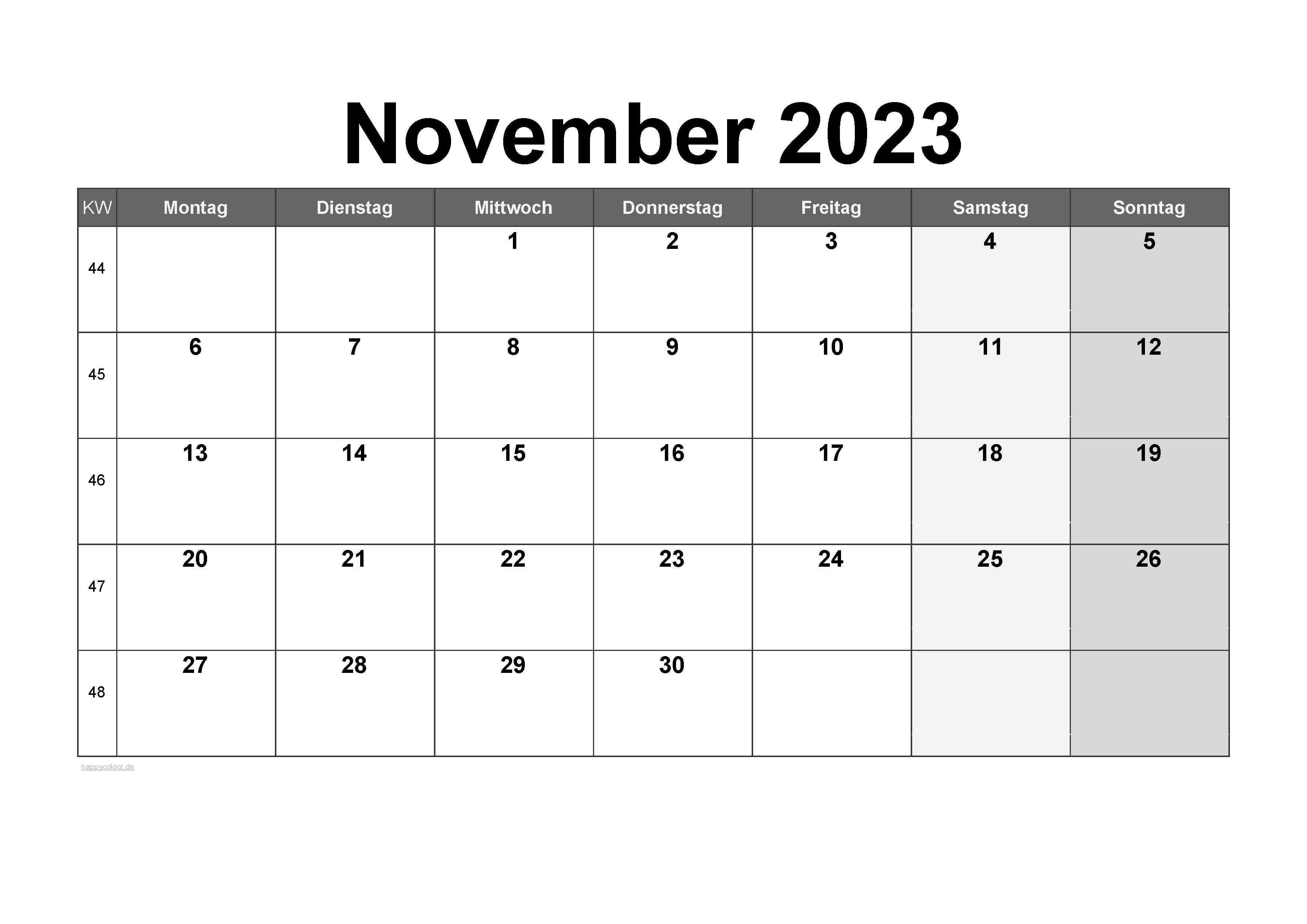 Vorlage Monatskalender November 2023 zum kostenlosen Ausdrucken