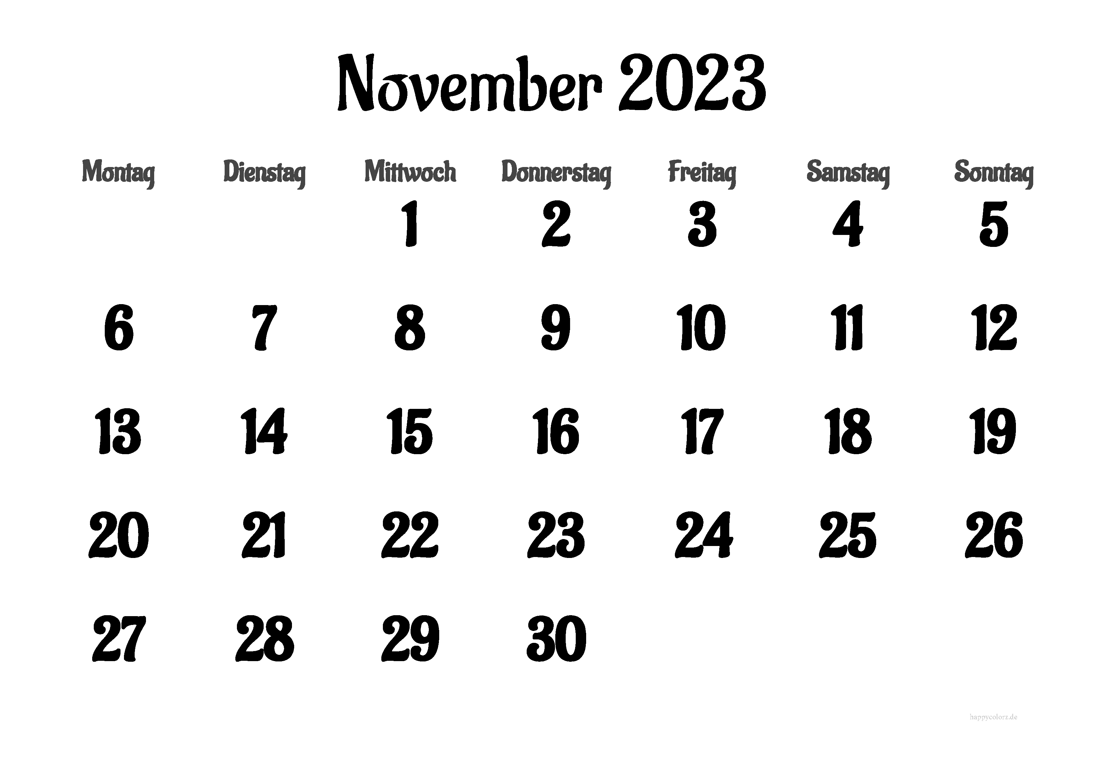 Kalender November 2023 mit Feiertagen