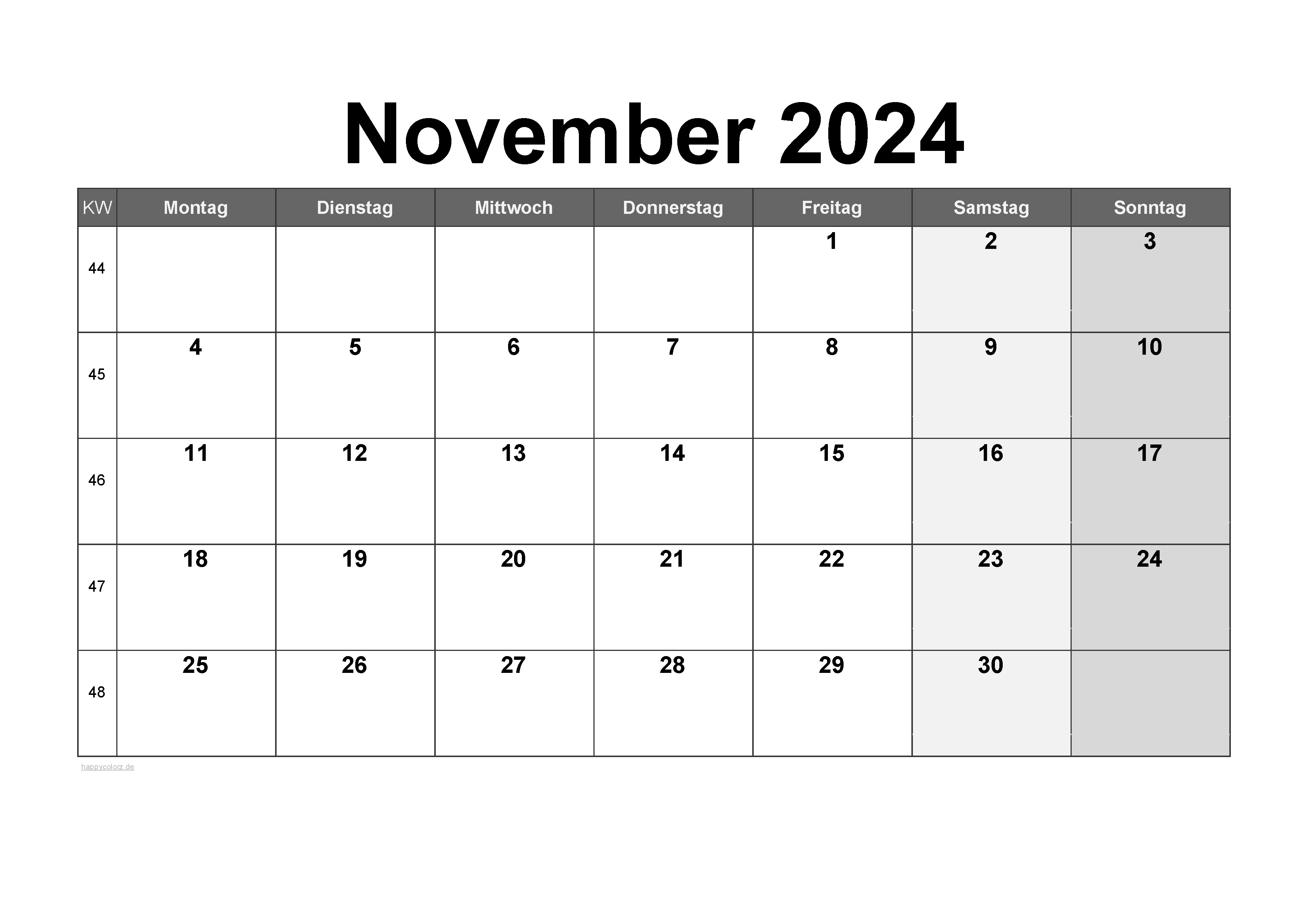 Kalender November 2024 zum Ausdrucken (PDF, XLS, PNG)