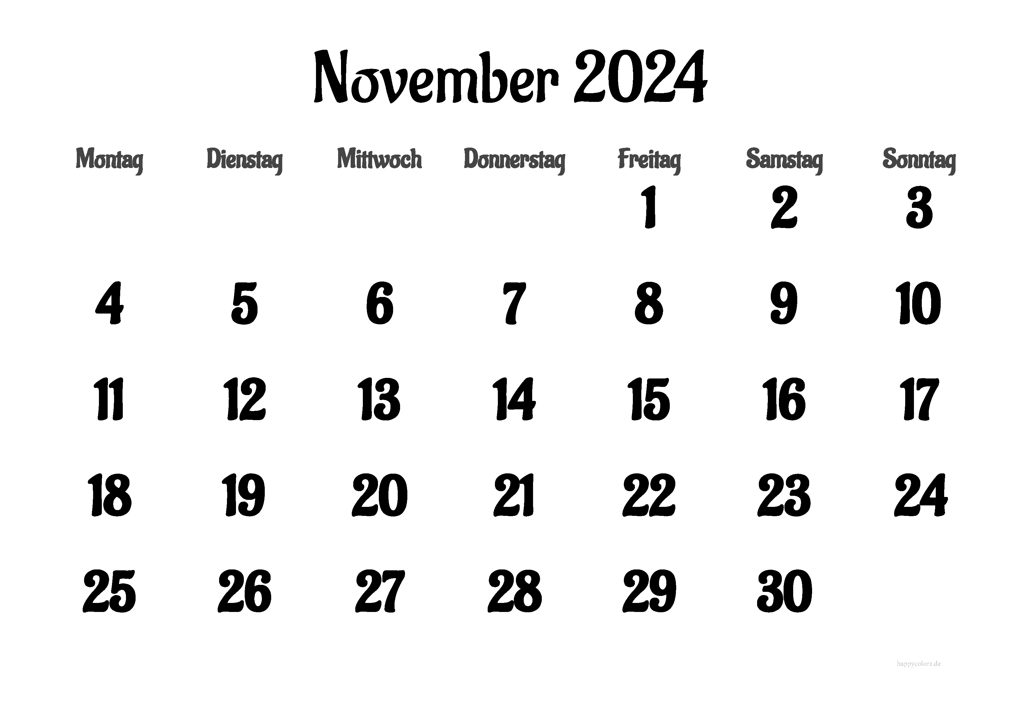 Kalender November 2024 mit Feiertagen