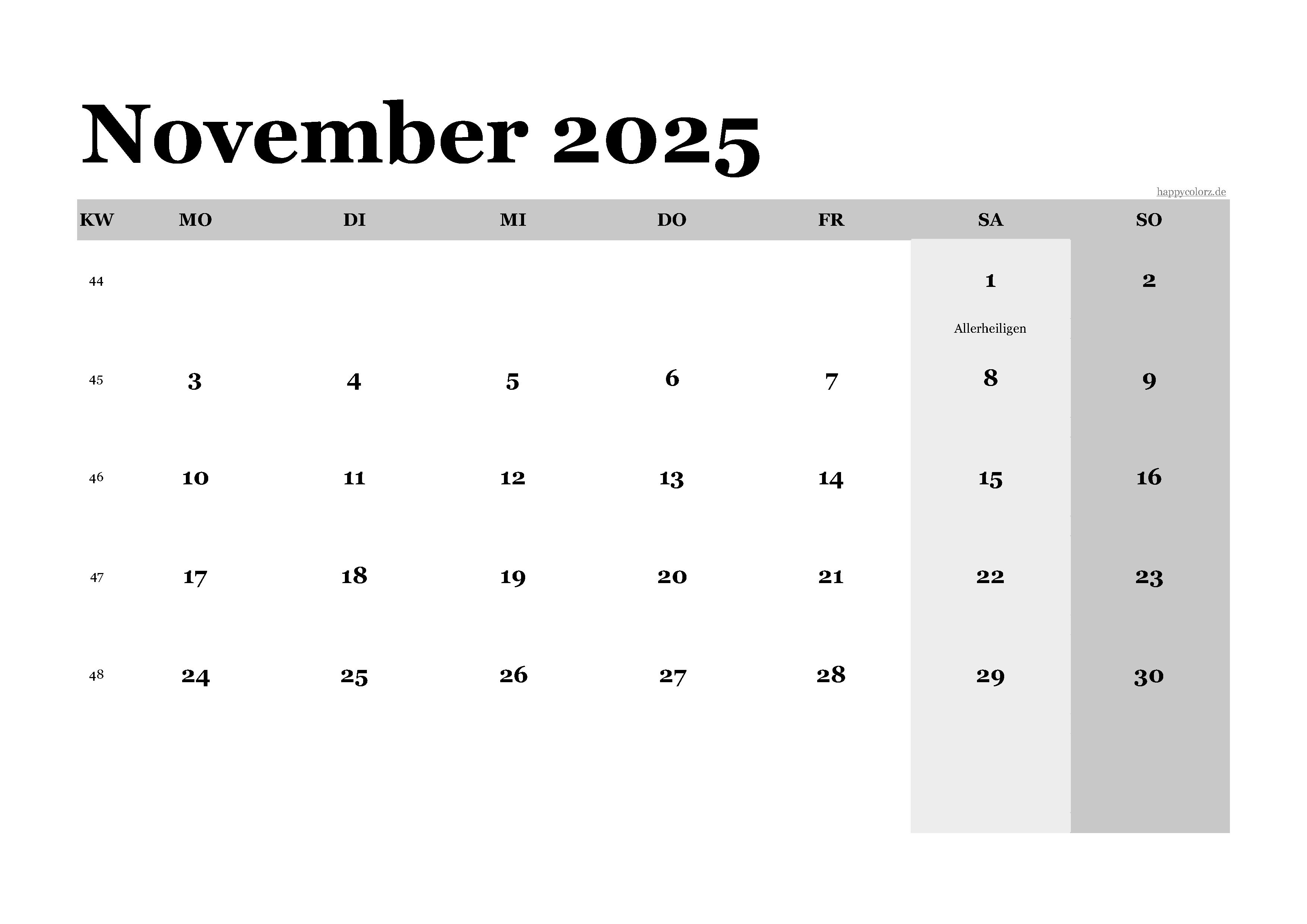 Kalender November 2025 klassisch, Querformat PDF zum Ausdrucken