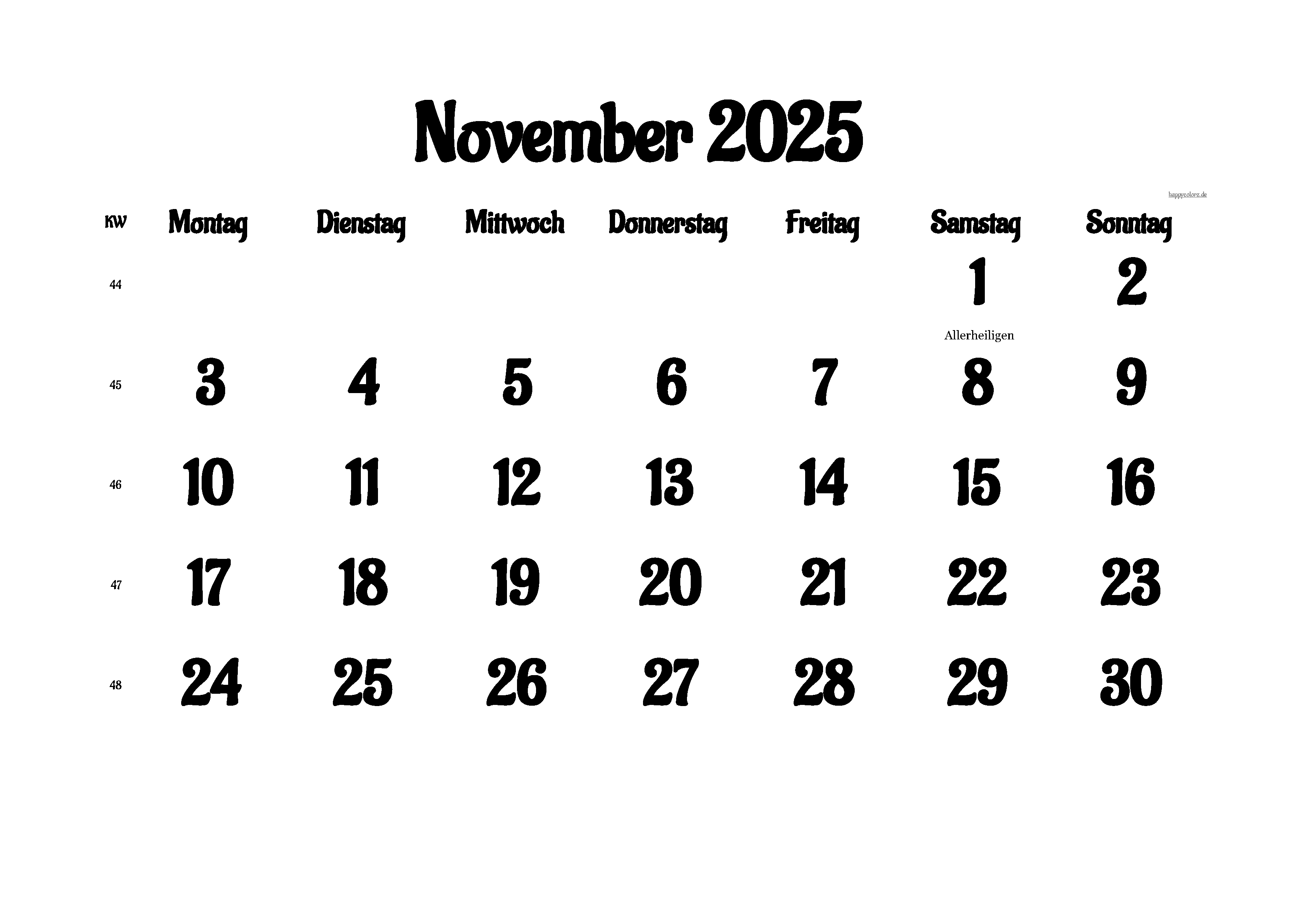 Kalender November 2025 mit Feiertagen