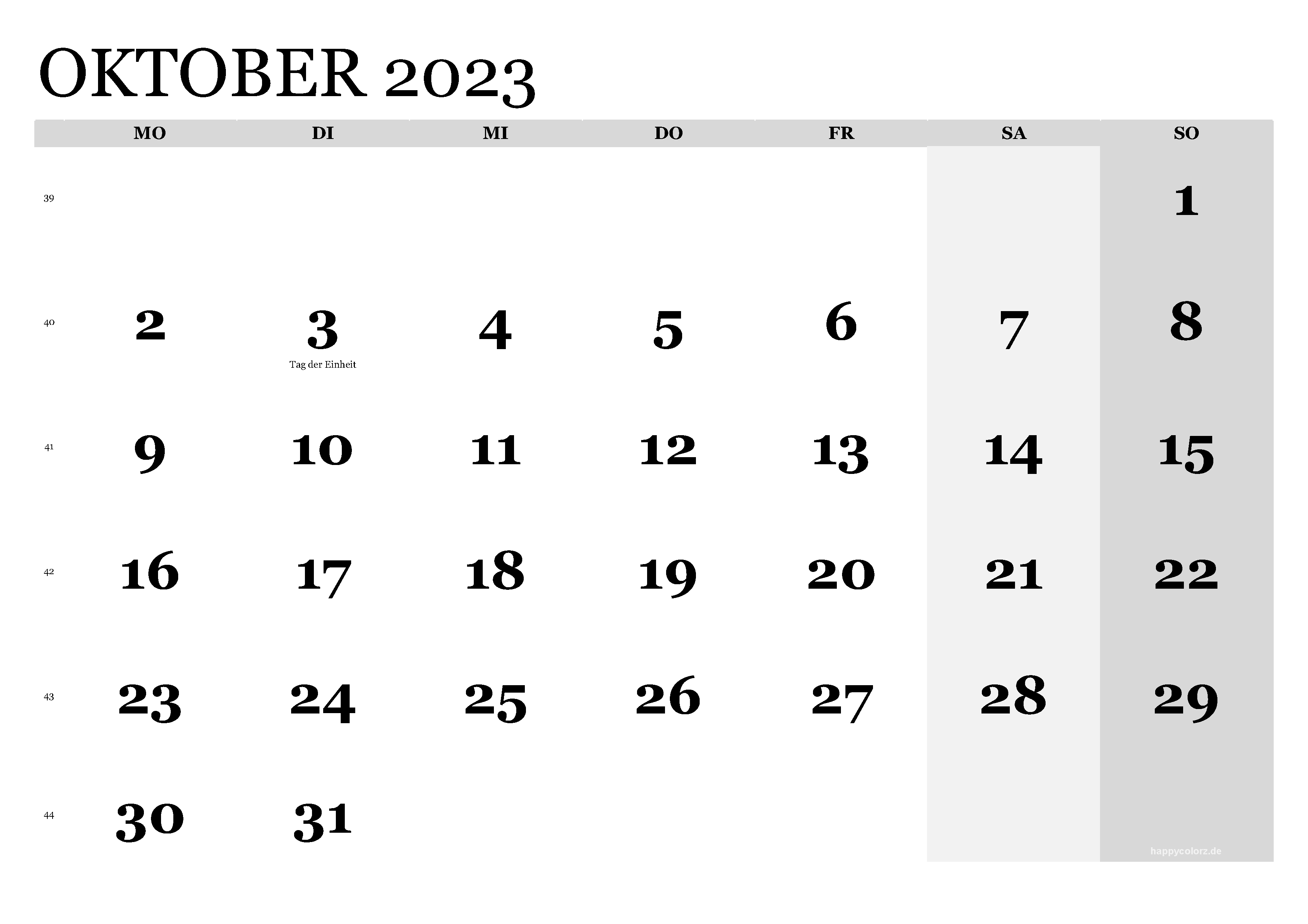 Kalender Oktober 2023 klassisch, Querformat PDF zum Ausdrucken