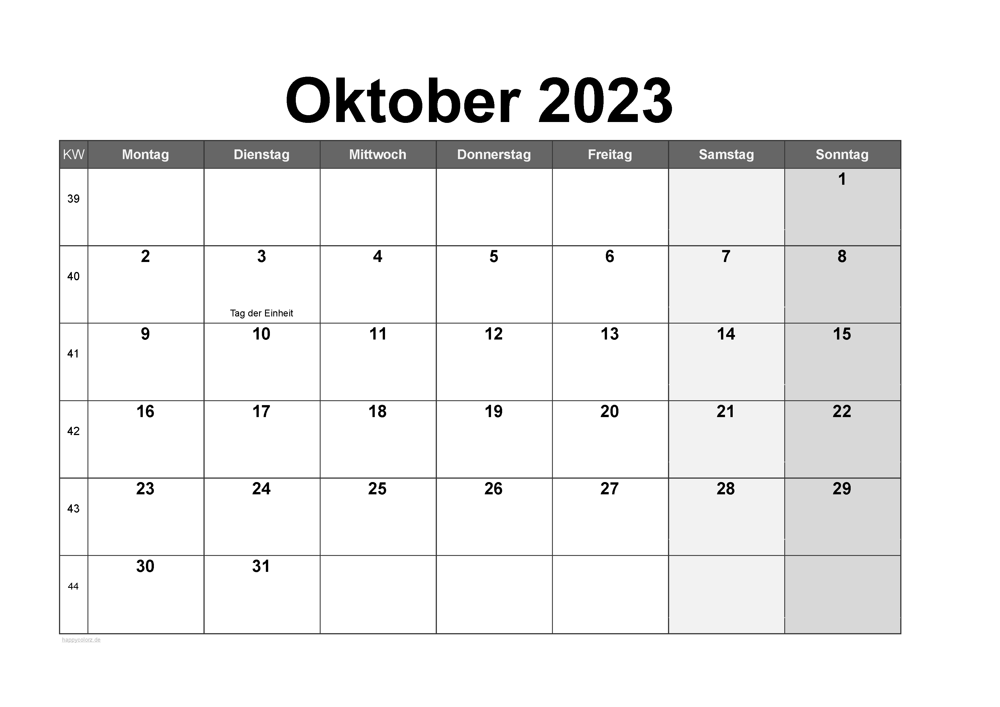 Vorlage Monatskalender Oktober 2023 zum kostenlosen Ausdrucken