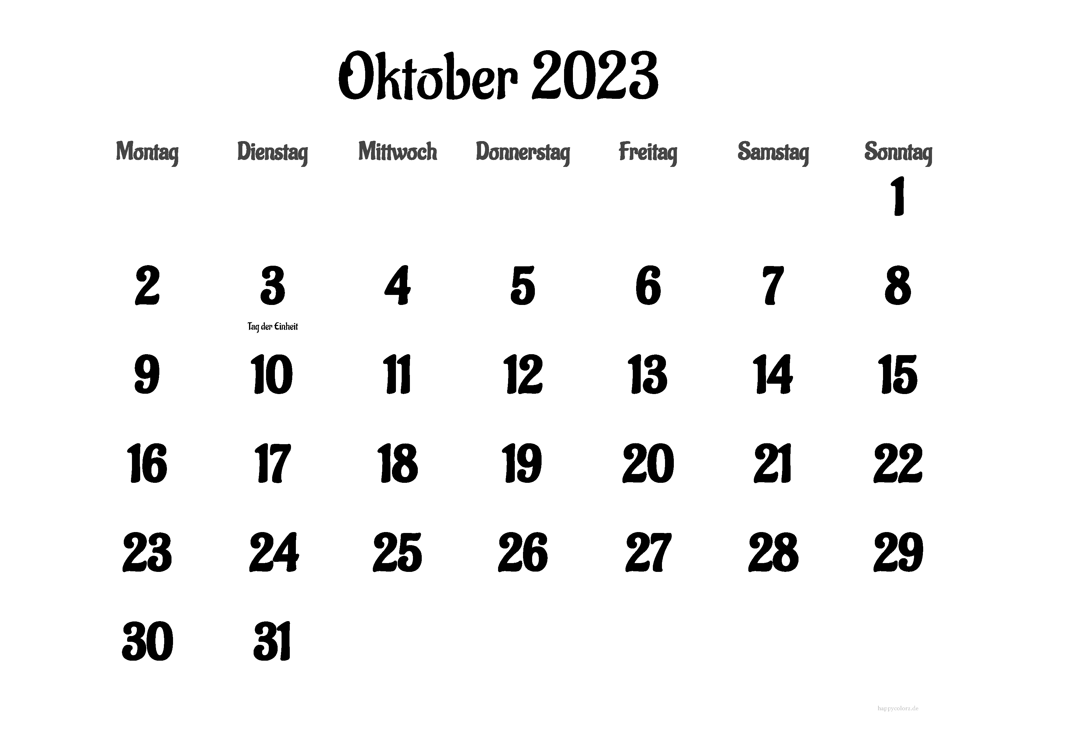 Kalender Oktober 2023 mit Feiertagen
