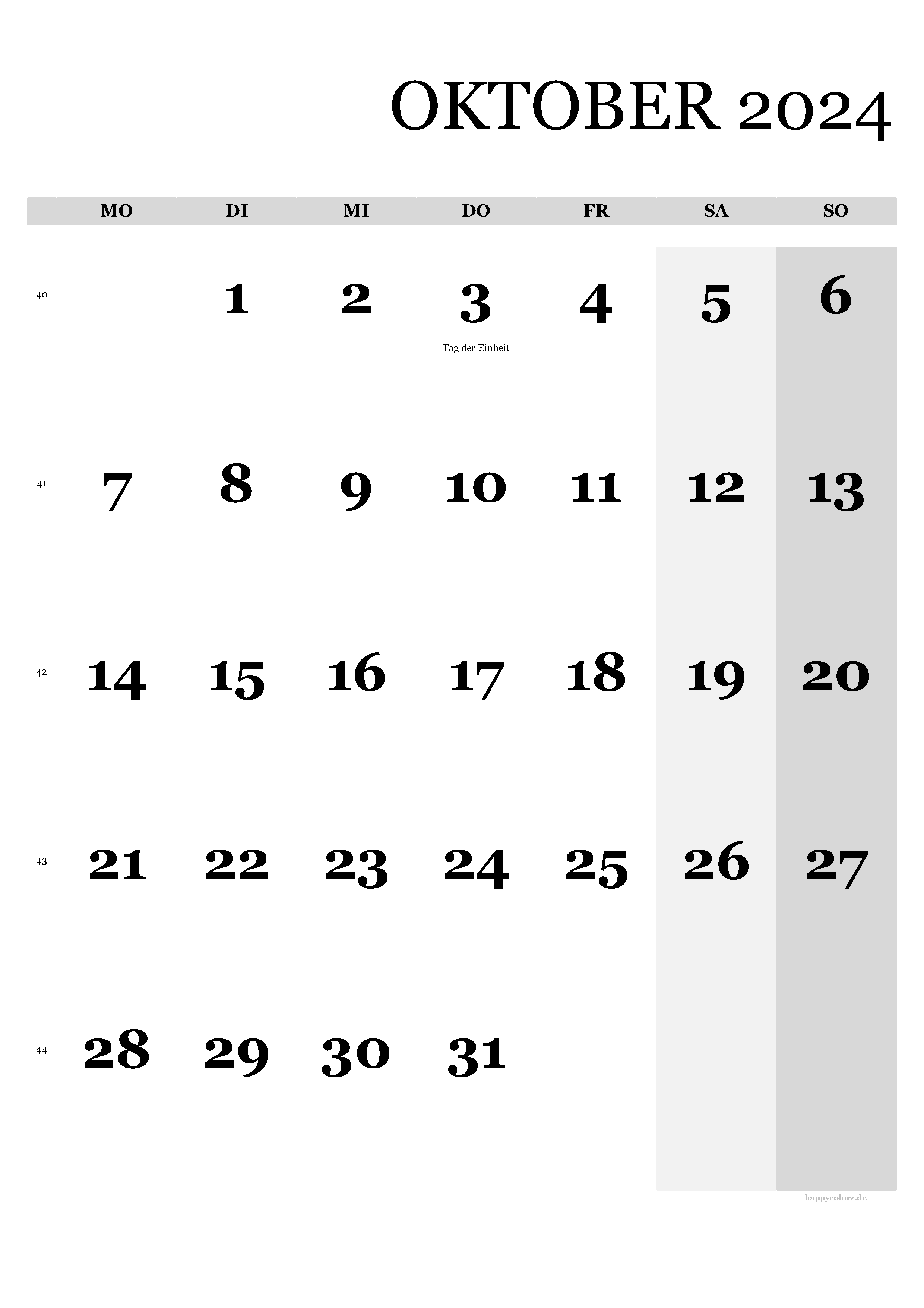 Kalender Oktober 2024 - Hochformat, kostenlos zum Ausdrucken