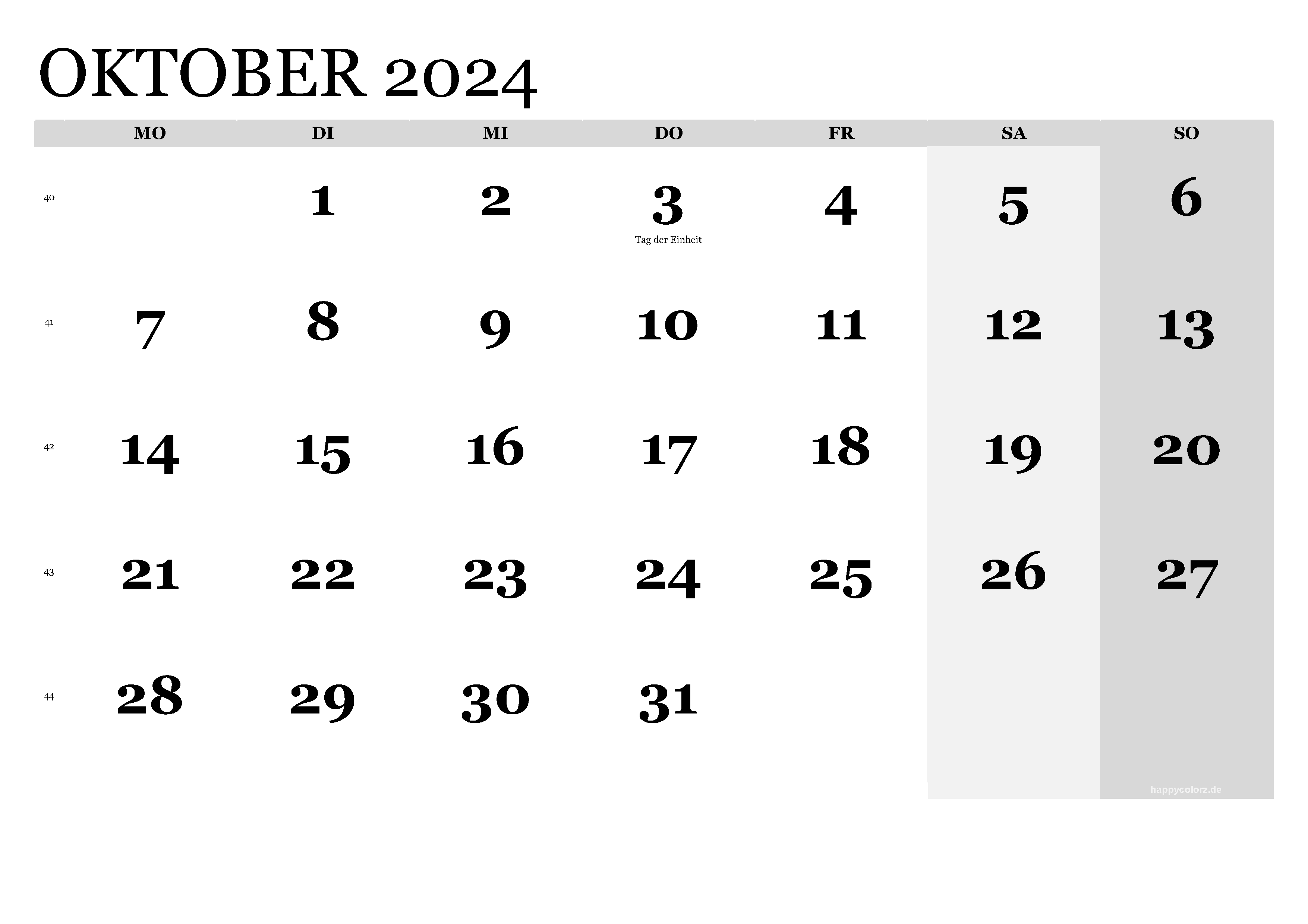 Kalender Oktober 2024 klassisch, Querformat PDF zum Ausdrucken