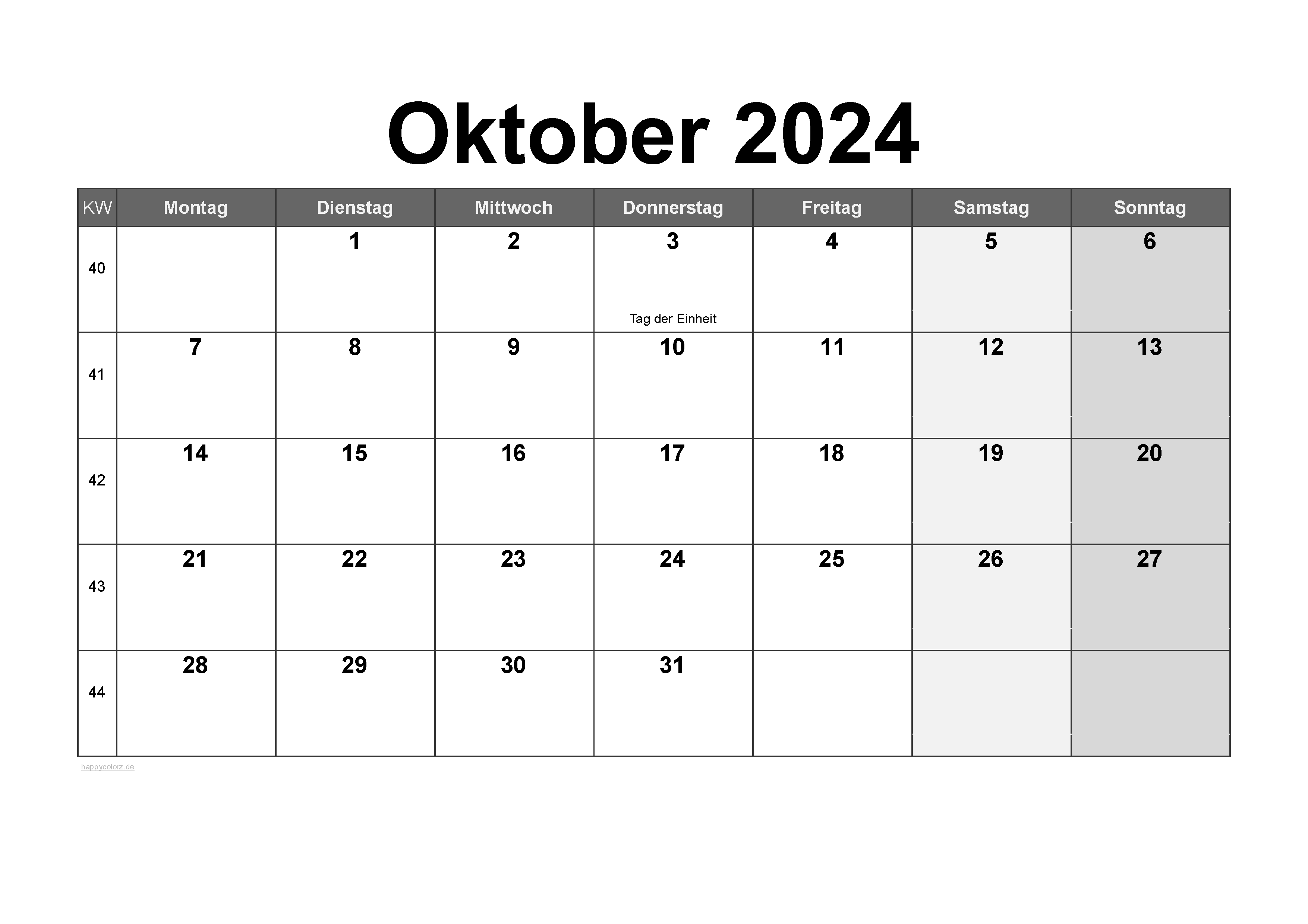 Vorlage Monatskalender Oktober 2024 zum kostenlosen Ausdruck